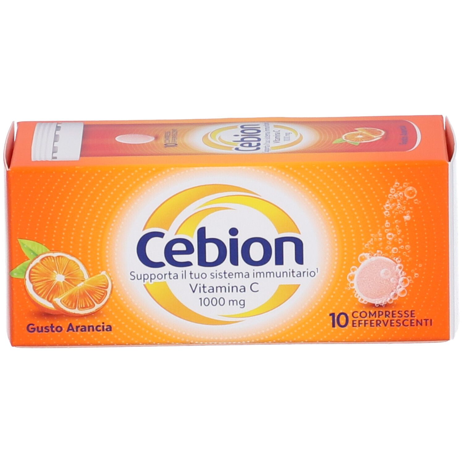 Verpackung mit Cebion-Brausetabletten. 1000 mg Vitamin C, Geschmack: Orange.