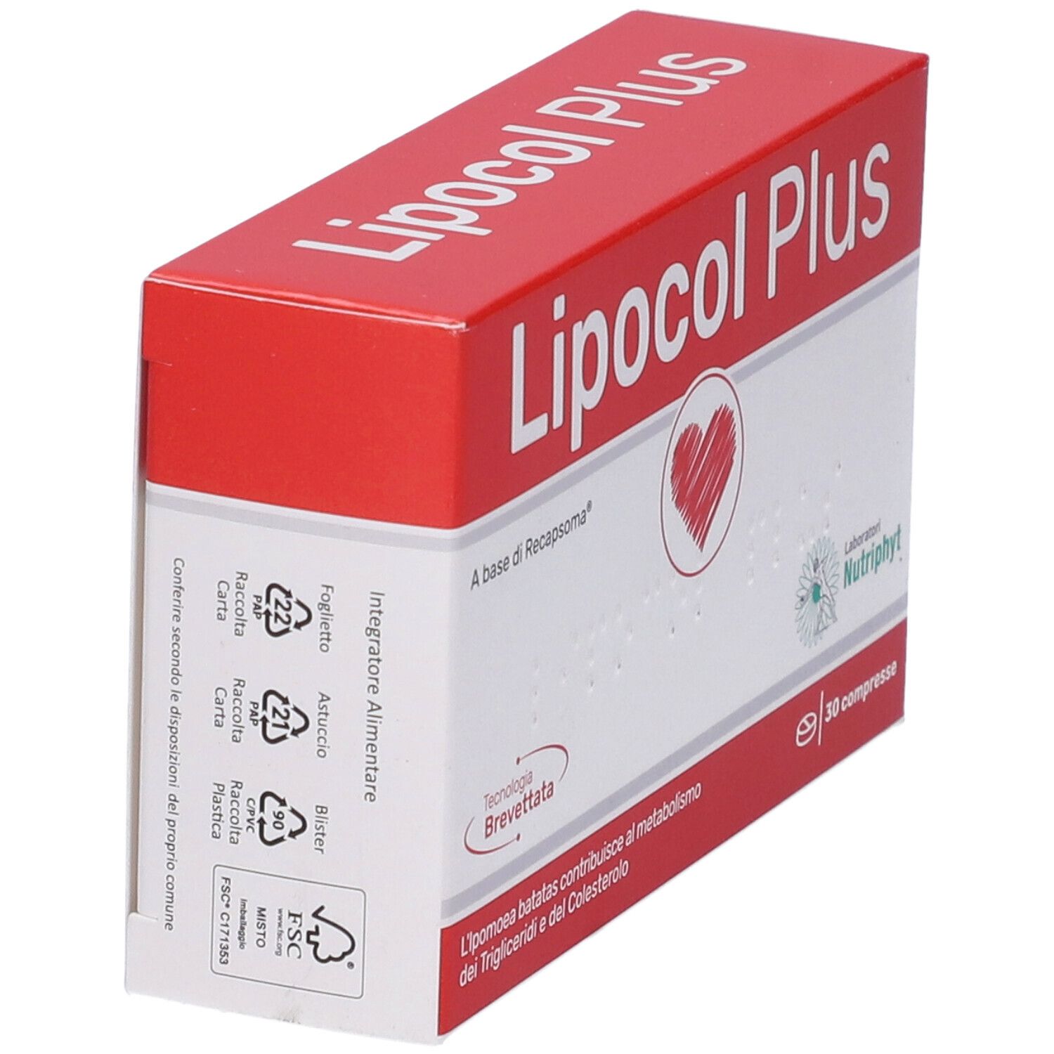 Scatola rossa e bianca "Lipocol Plus". Contiene 30 compresse. Informazioni sull'imballaggio.