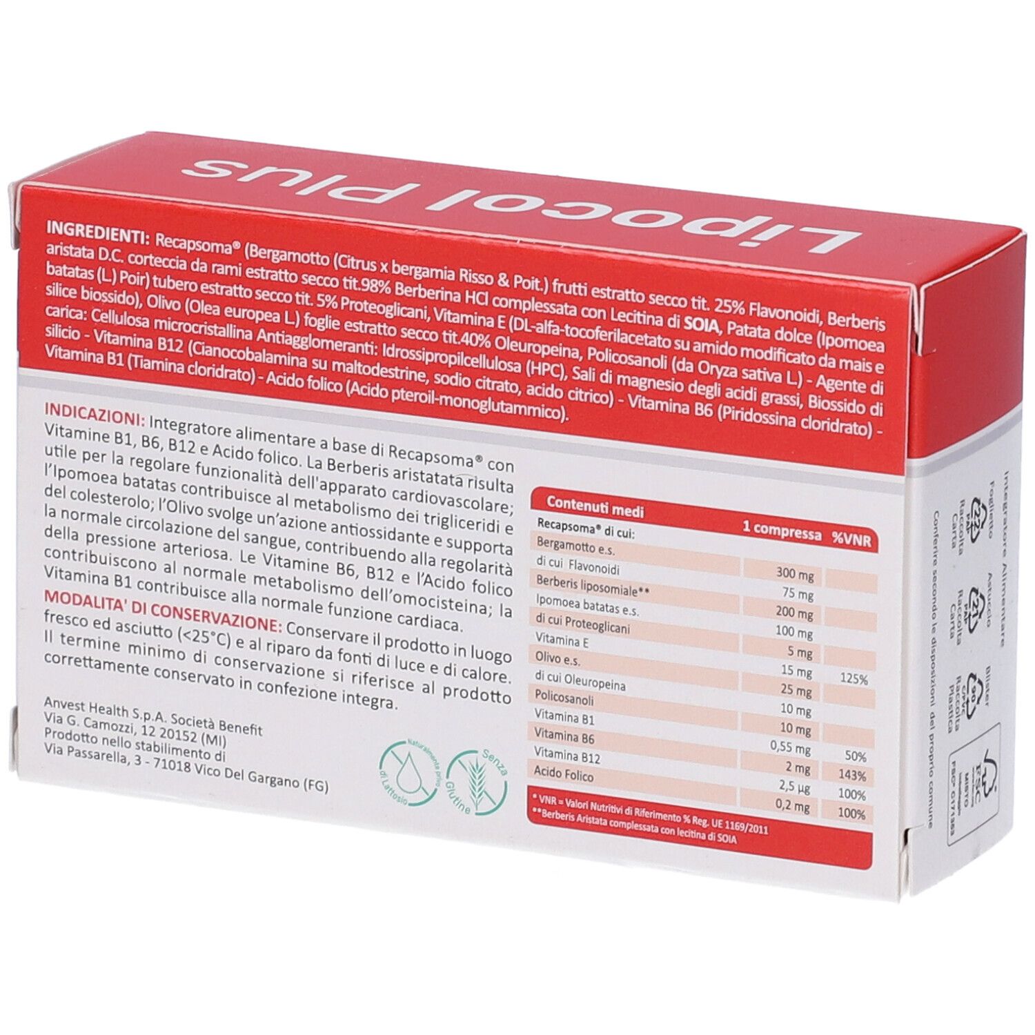 Retro della scatola "Lipocol Plus". Contiene ingredienti e informazioni nutrizionali. Marchio Nutriphyt.