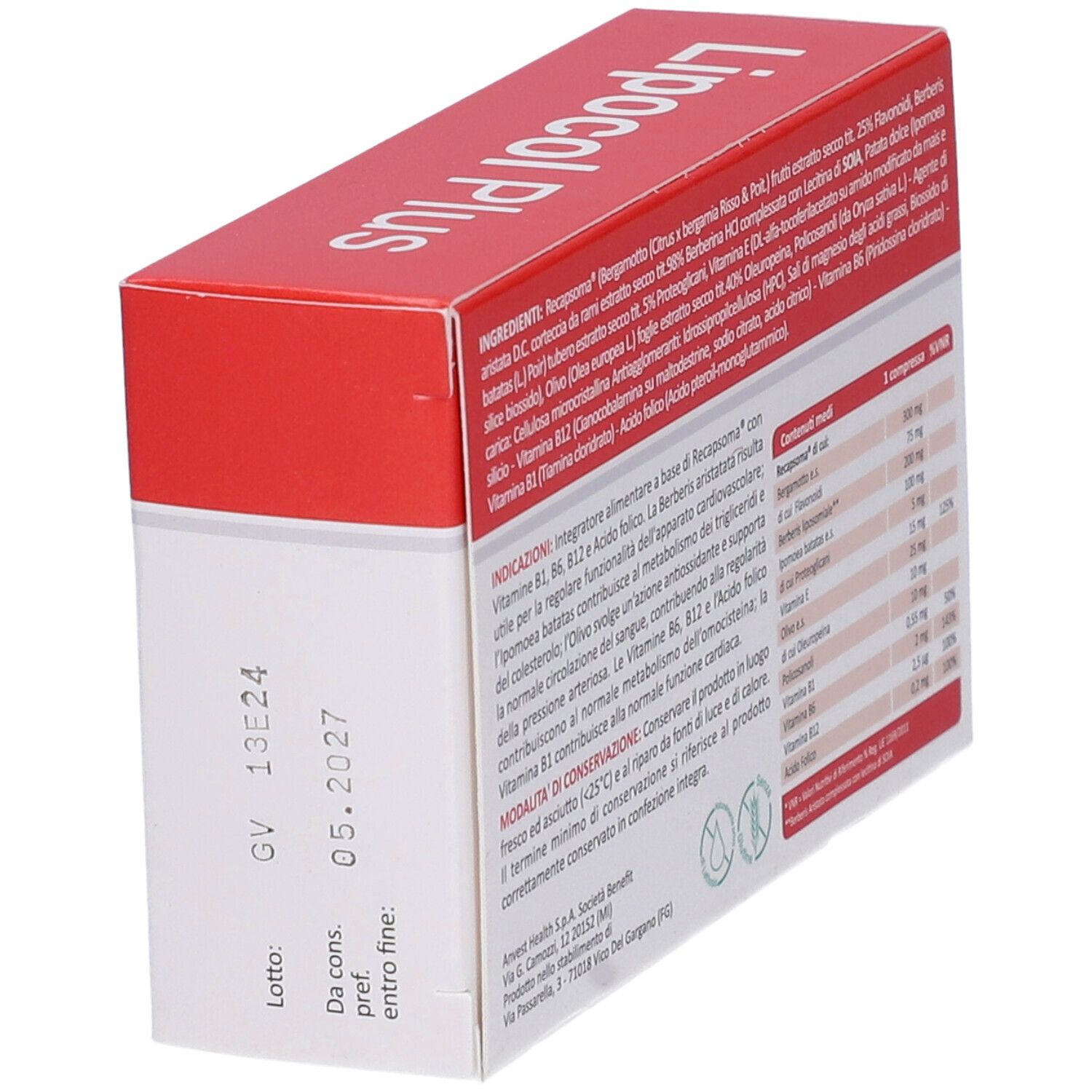 Retro della scatola "Lipocol Plus". Contiene ingredienti e informazioni nutrizionali. Marchio Nutriphyt.