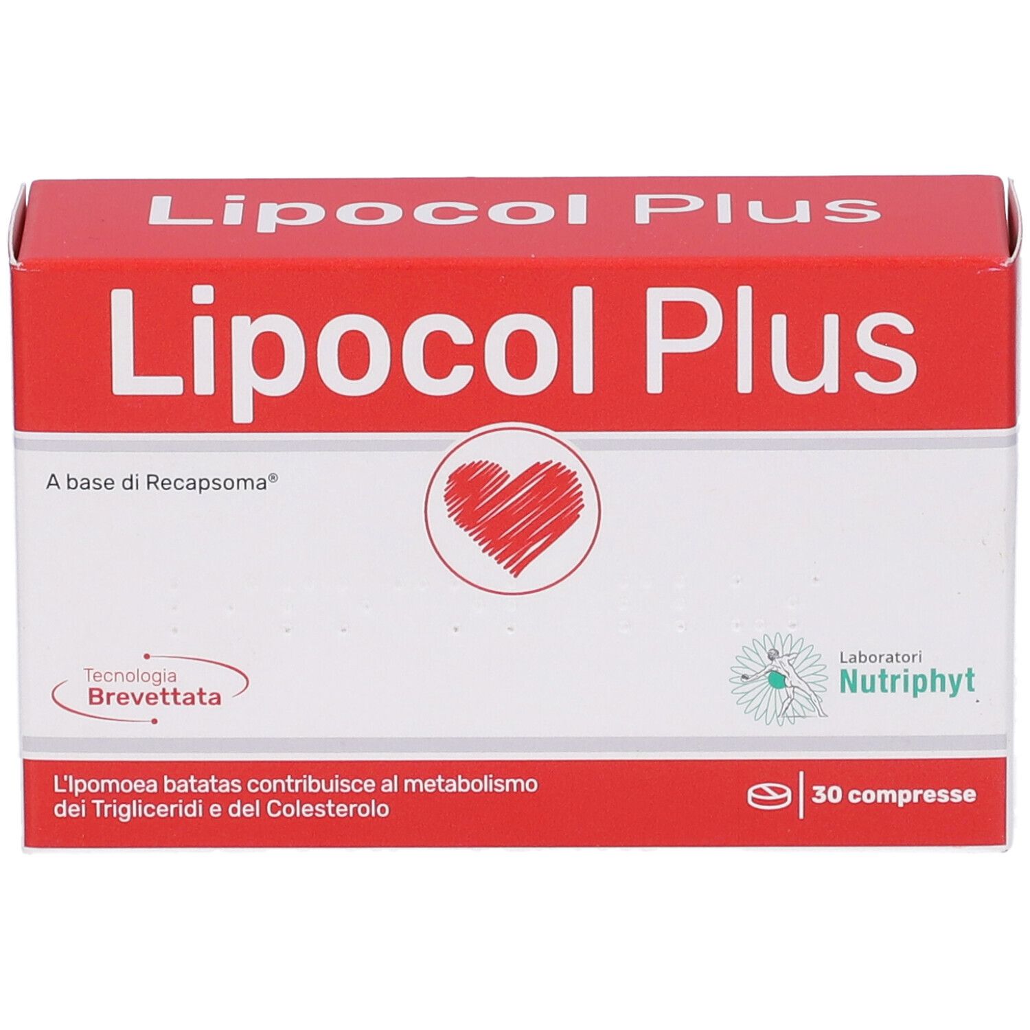 Scatola rossa e bianca "Lipocol Plus". Contiene 30 compresse. Marchio Nutriphyt. Cuore rosso.