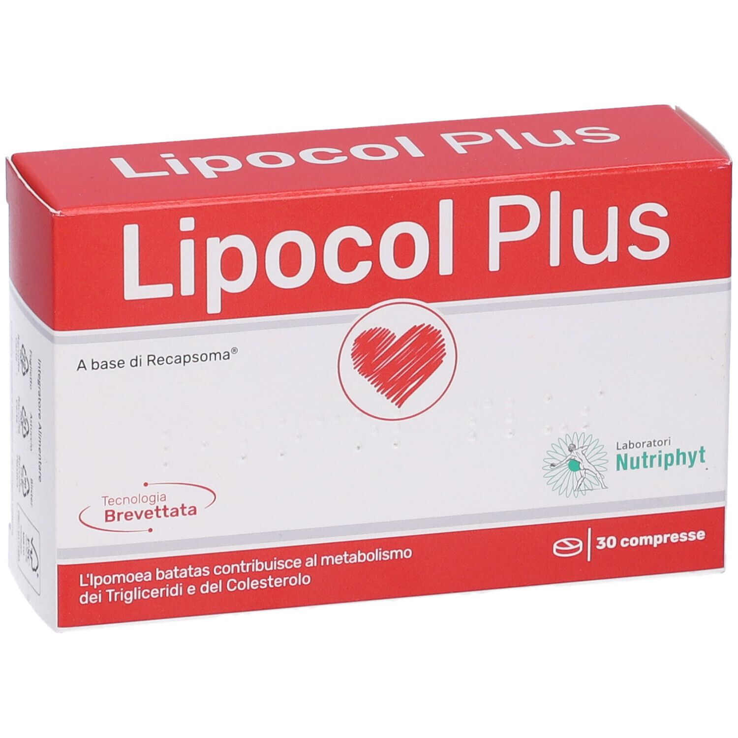 Scatola rossa e bianca "Lipocol Plus". Contiene 30 compresse. Marchio Nutriphyt. Cuore rosso.