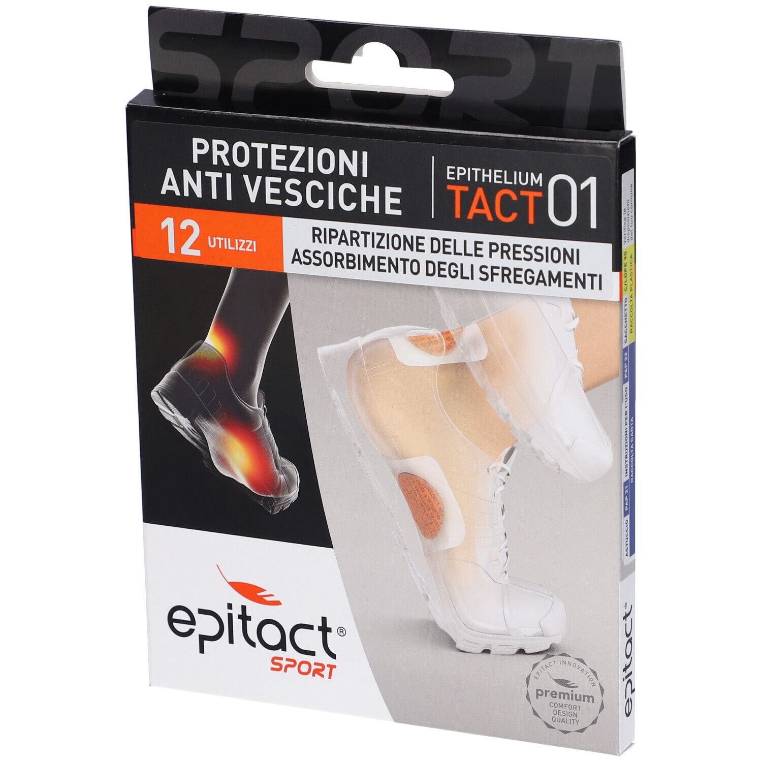 Confezione Epitact Sport Protezione Vesciche. Scatola nera con immagini e testo. Contiene 12 pezzi.