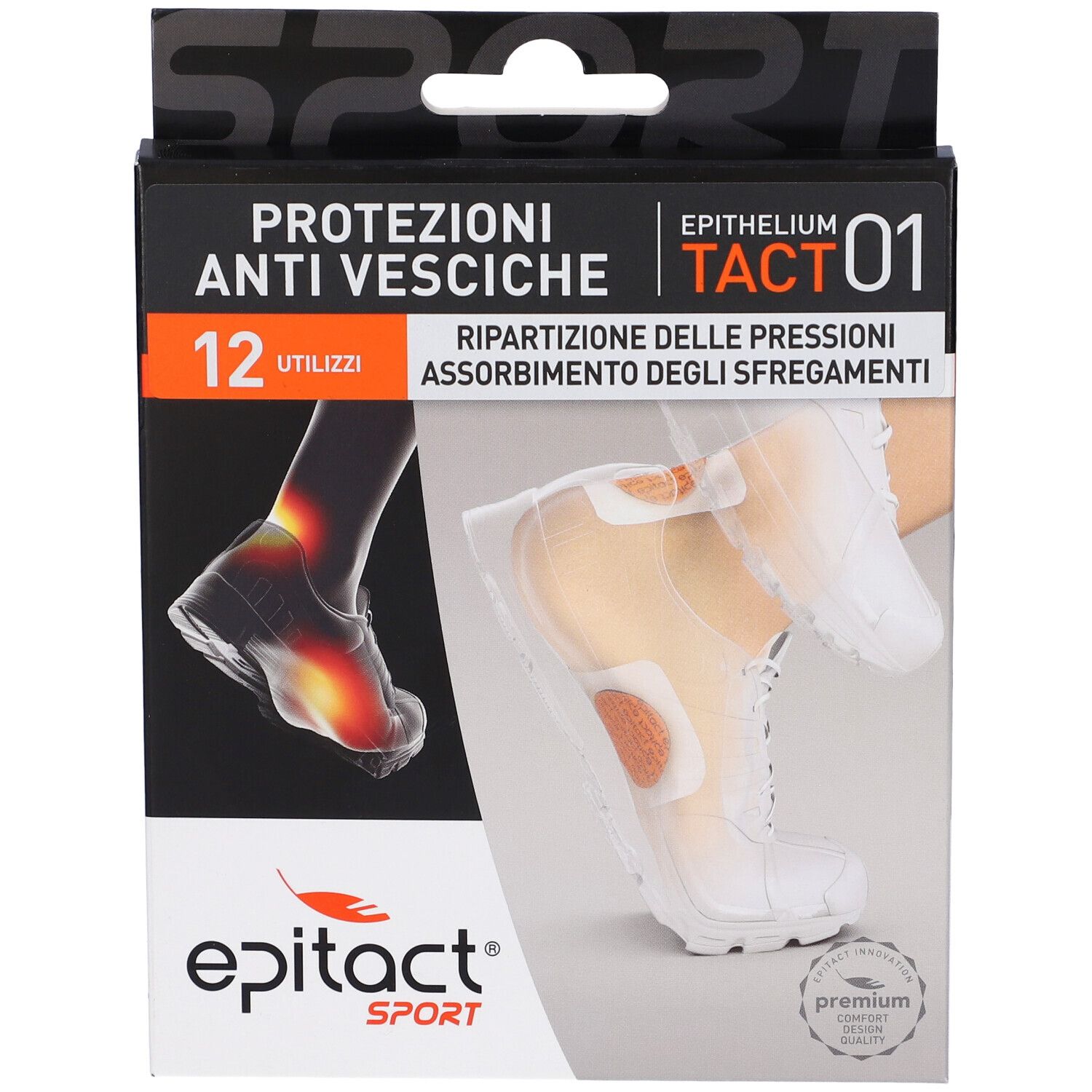 Confezione Epitact Sport Protezione Vesciche. Scatola nera con immagini e testo. Contiene 12 pezzi.