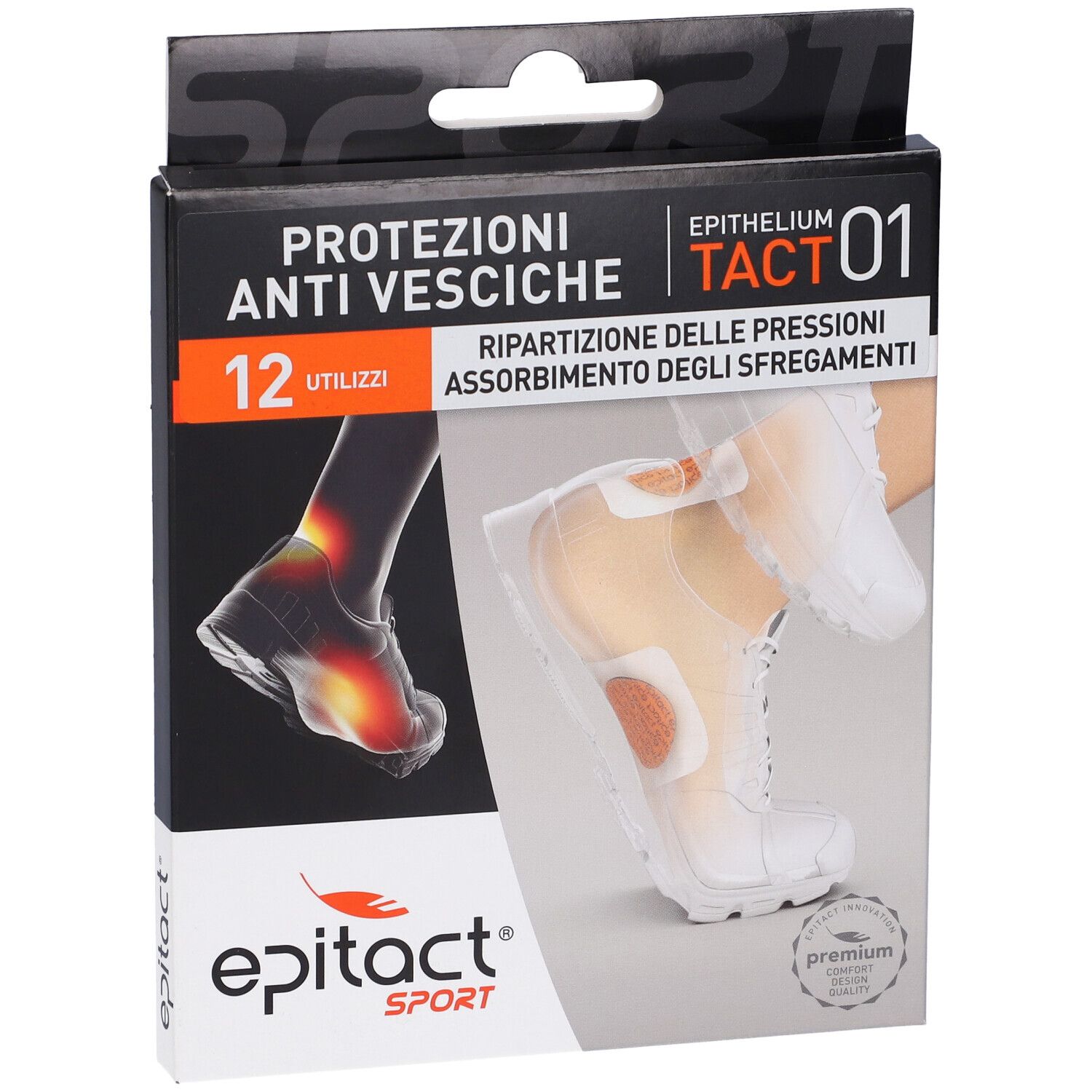 Confezione Epitact Sport Protezione Vesciche. Scatola nera con immagini e testo. Contiene 12 pezzi.