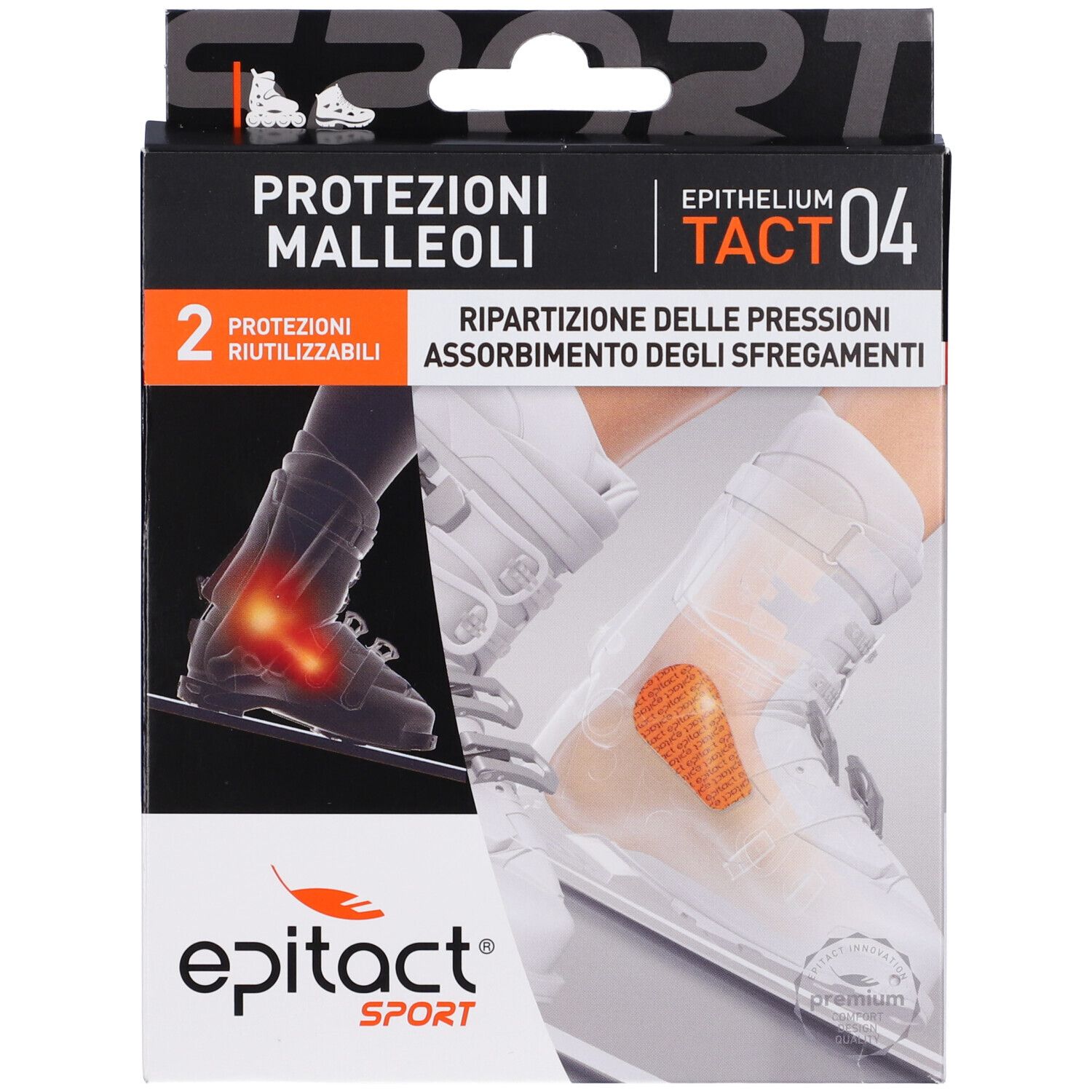 Confezione Epitact Sport Protezione Malleoli. Scatola nera con immagine e logo. Contiene due protezioni riutilizzabili.