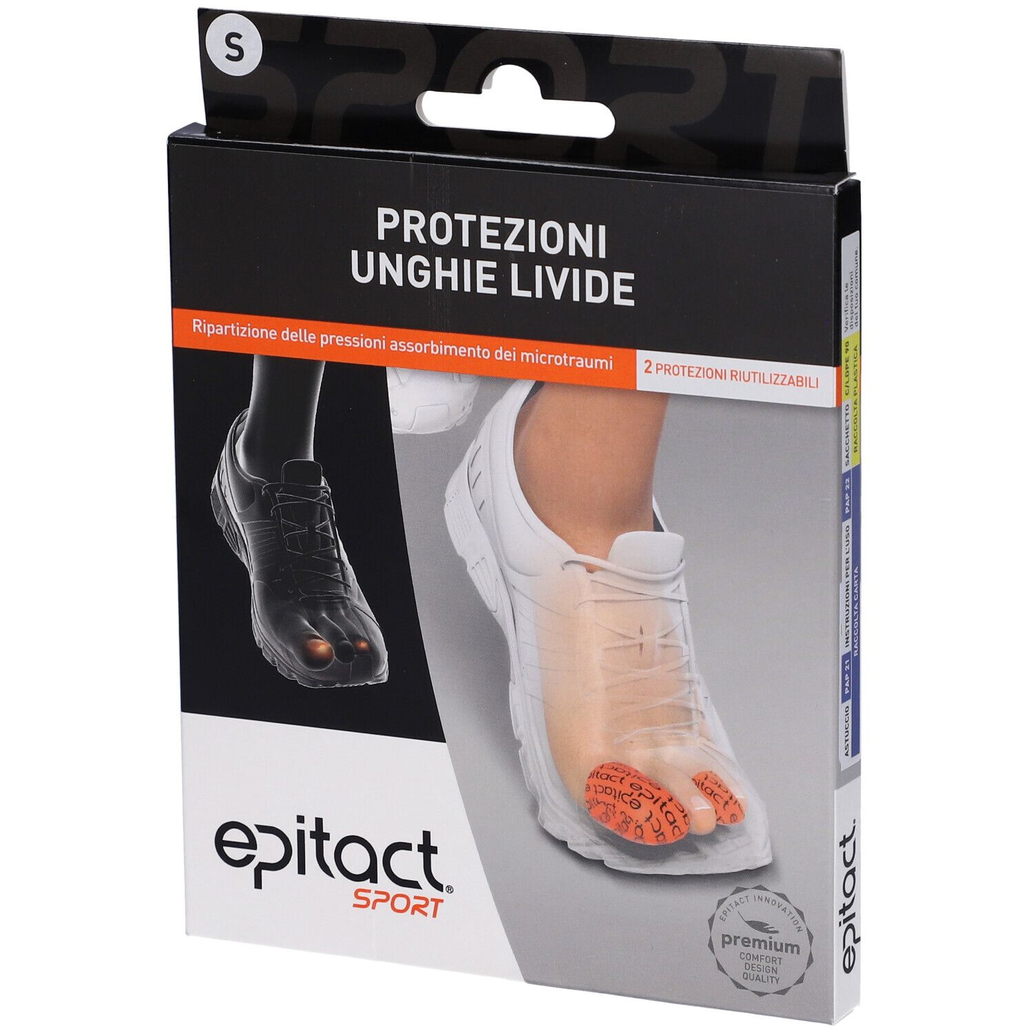 Confezione nera. Scritta: PROTEZIONI UNGHIE LIVIDE. Immagine del piede con protezione. Marchio: Epitact Sport.