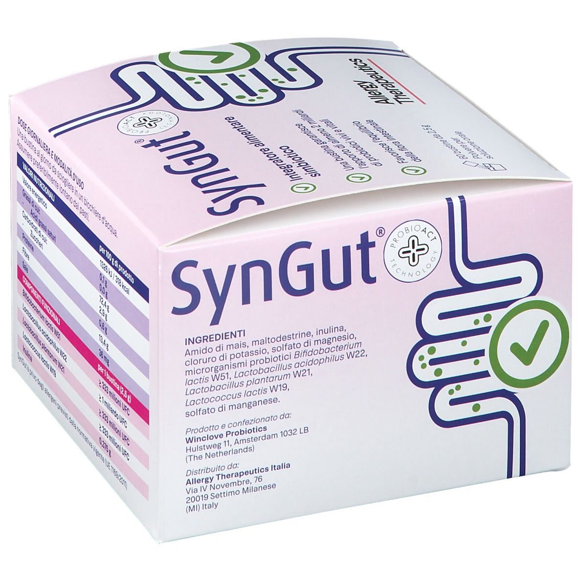 Confezione SynGut. Elenco ingredienti. 60 bustine. Marchio Allergy Therapeutics. Logo probiotico.