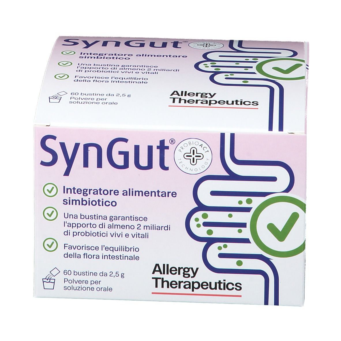 Confezione SynGut. Integratore alimentare simbiotico. 60 bustine. Marchio Allergy Therapeutics. Logo probiotico.