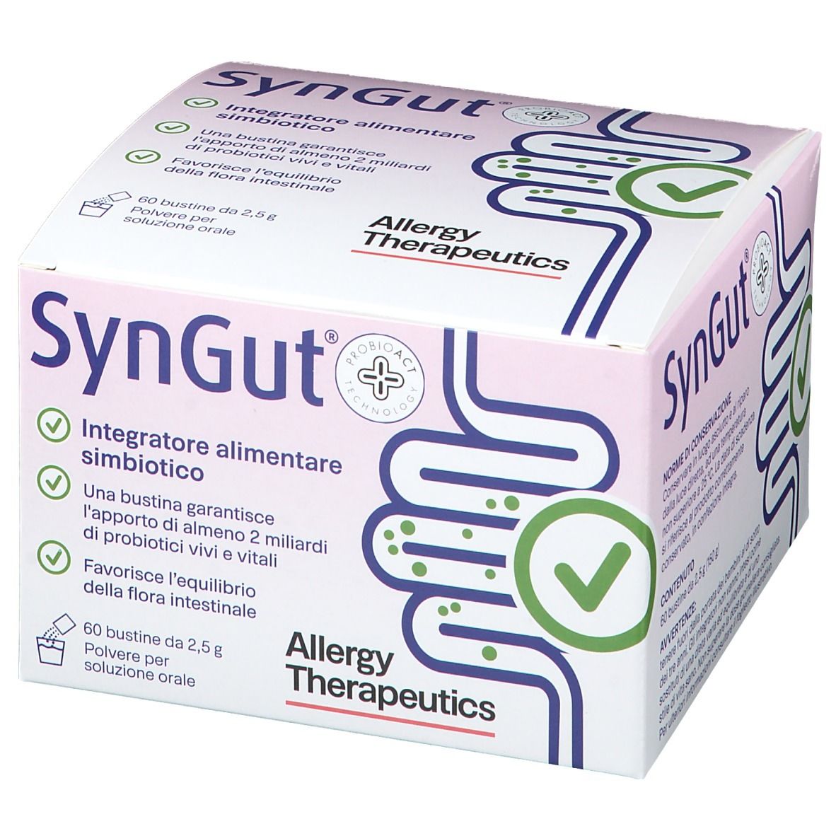 Confezione SynGut. Integratore alimentare simbiotico. 60 bustine. Marchio Allergy Therapeutics. Logo probiotico.