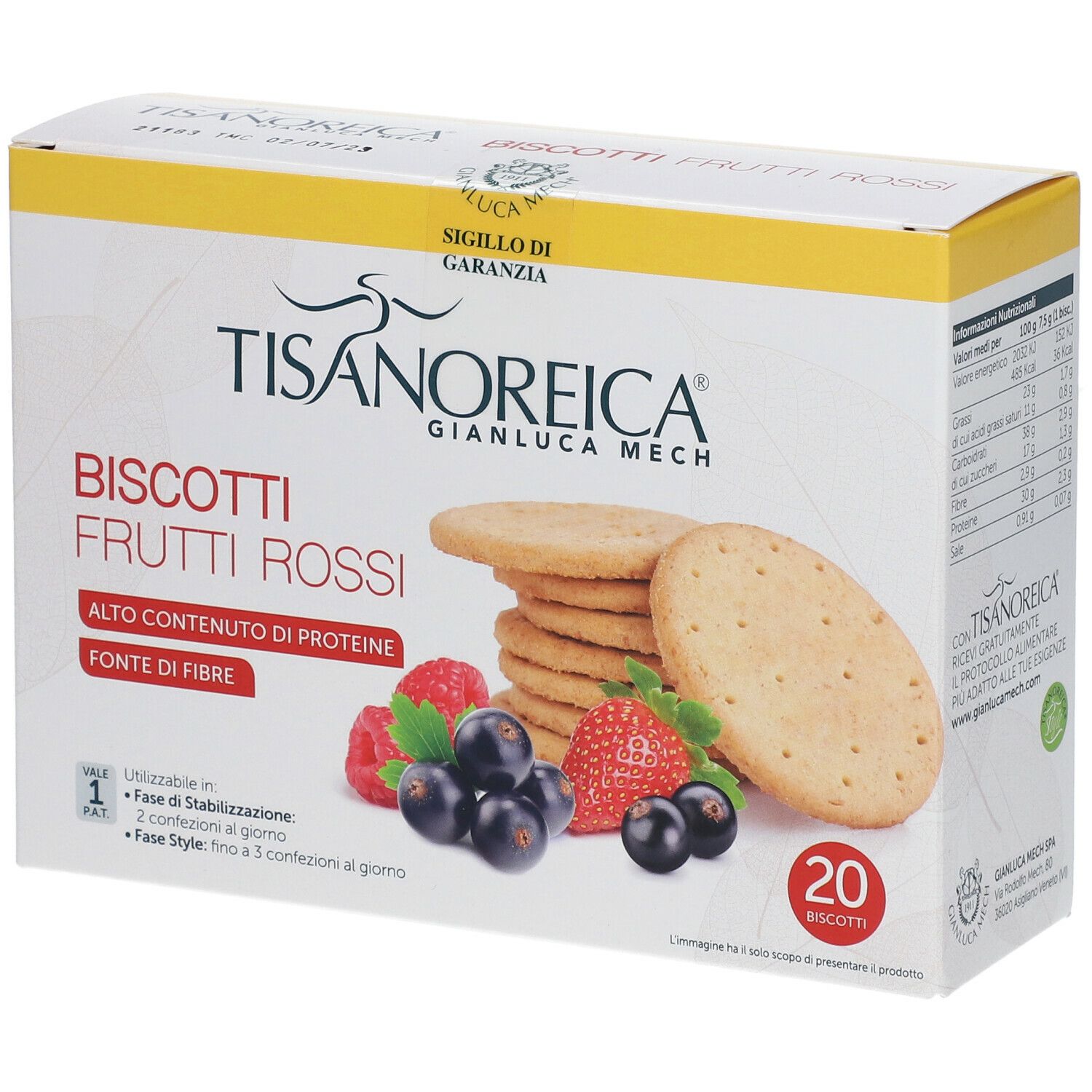 Confezione di biscotti TISANOREICA Biscotti Frutti Rossi. Mostra biscotti, lamponi, fragole e ribes neri.