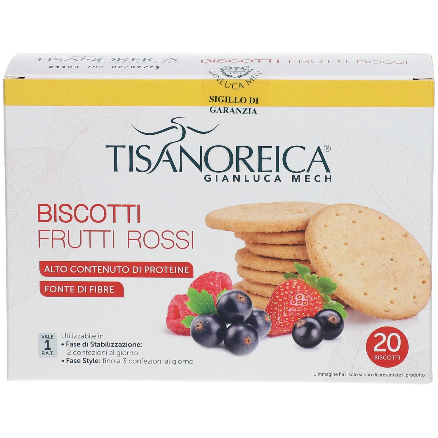 Confezione di biscotti TISANOREICA Biscotti Frutti Rossi. Mostra biscotti, lamponi, fragole e ribes neri.
