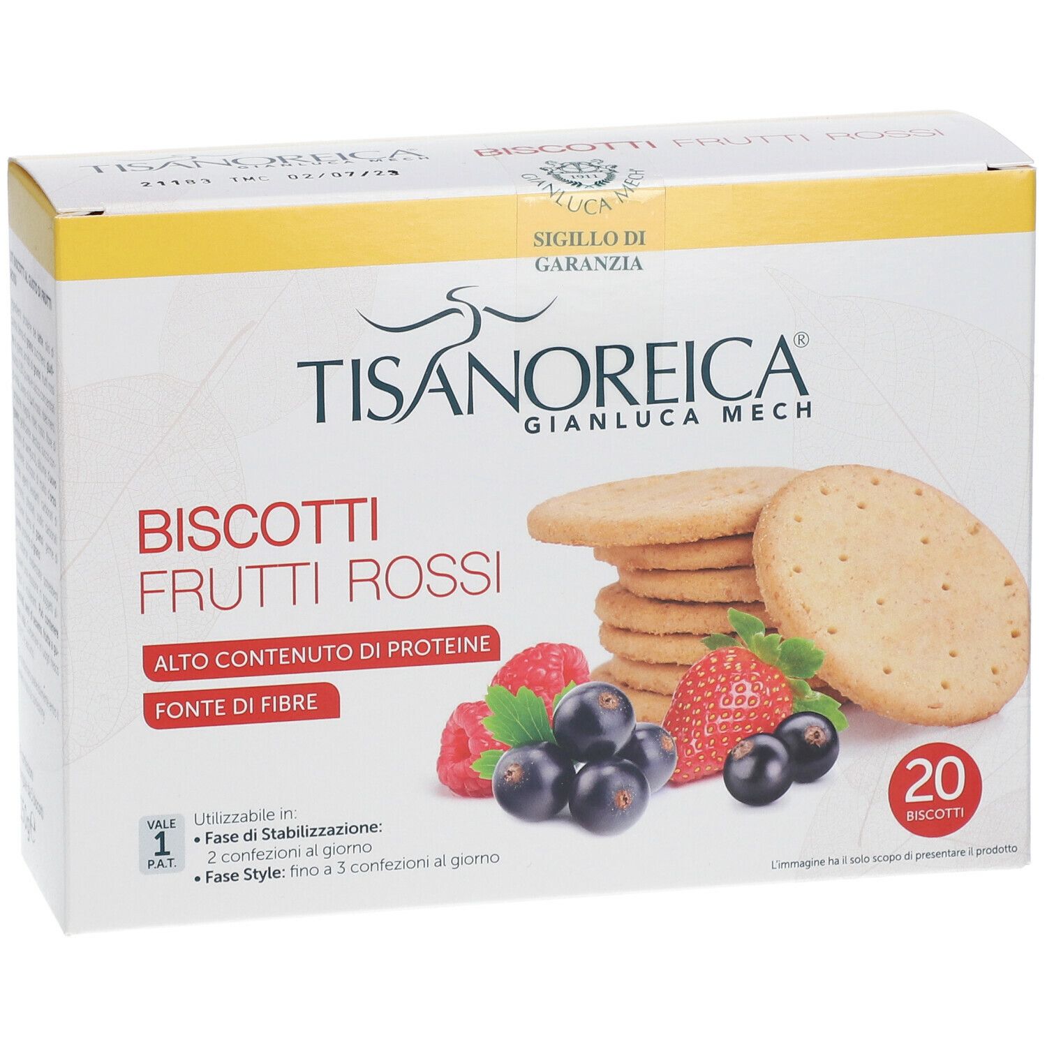 Confezione di biscotti TISANOREICA Biscotti Frutti Rossi. Mostra biscotti, lamponi, fragole e ribes neri.