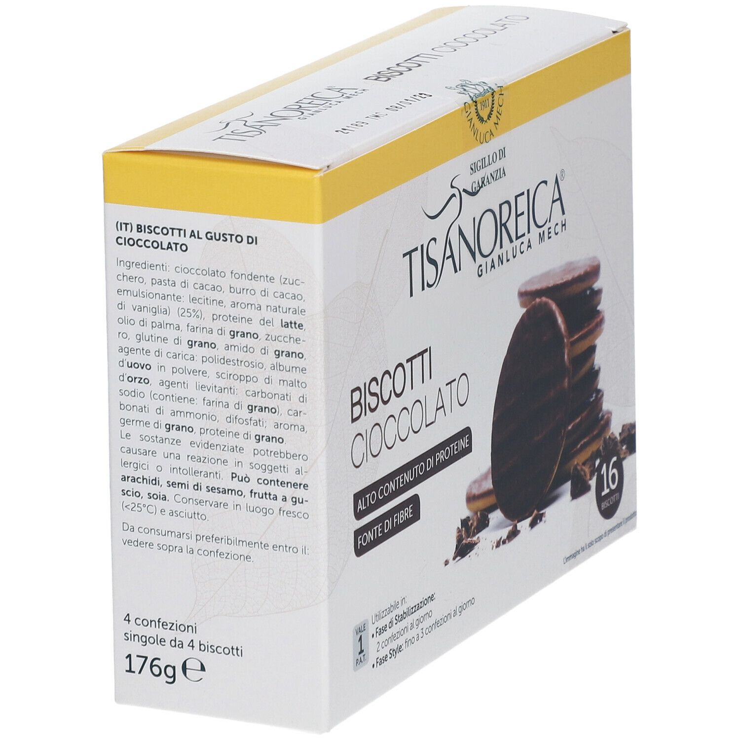 Scatola di BISCOTTI CIOCCOLATO TISANOREICA®. Scritte: marchio, nome prodotto, 16 biscotti, alto contenuto proteico, fonte di fibre.