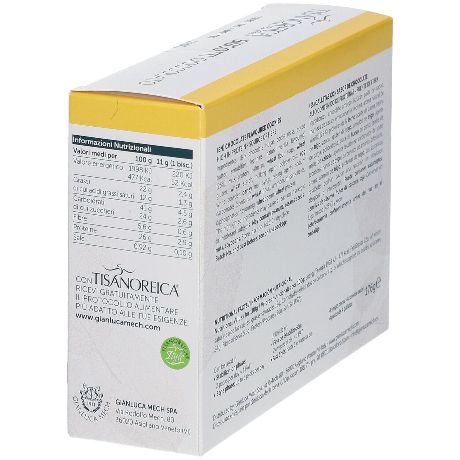 Scatola di BISCOTTI CIOCCOLATO TISANOREICA®. Informazioni nutrizionali per 100g e per biscotto. Logo: 'Con Tisanoreica'.