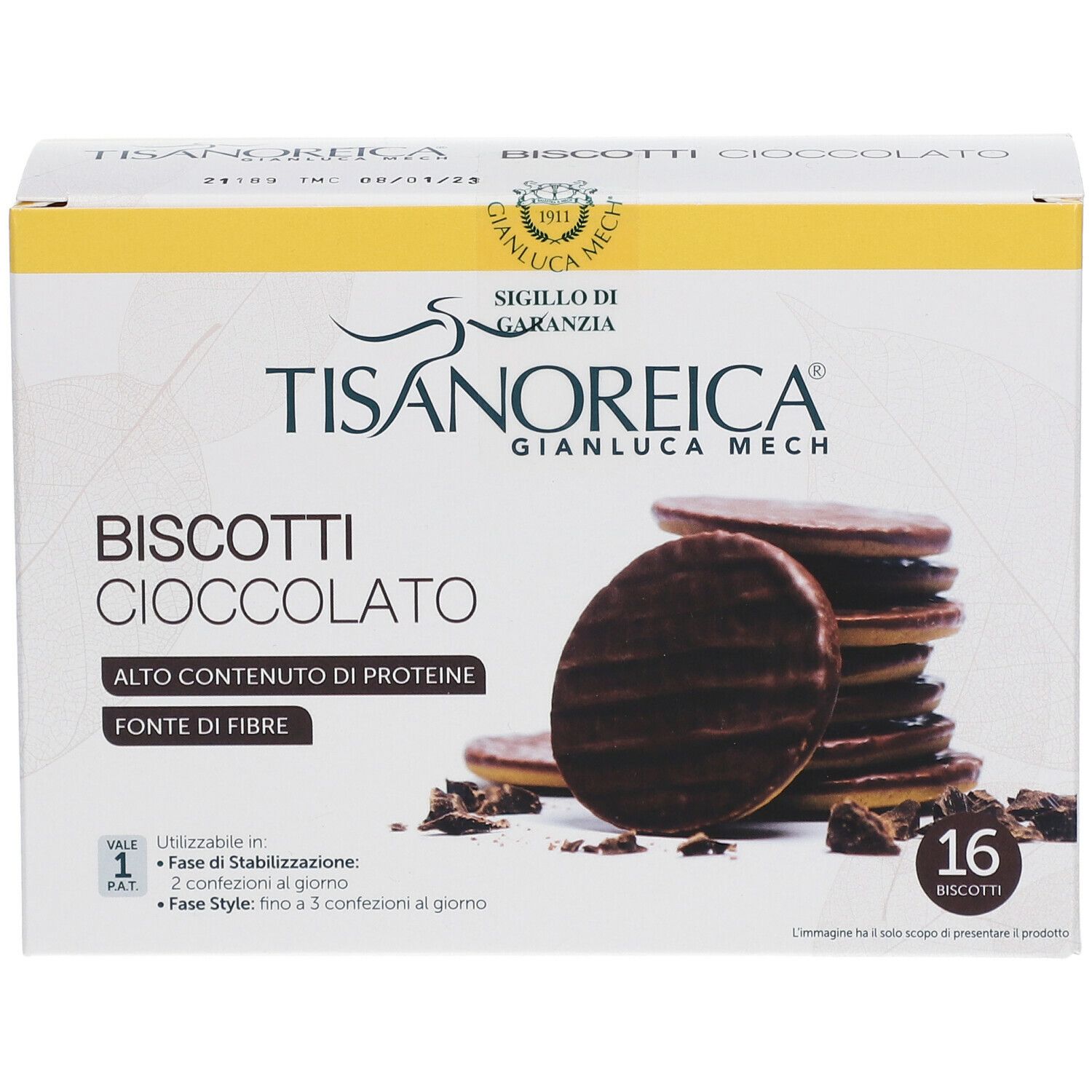 Scatola di BISCOTTI CIOCCOLATO TISANOREICA®. Nome prodotto, 16 biscotti, alto contenuto proteico, fonte di fibre. Immagine: biscotti.
