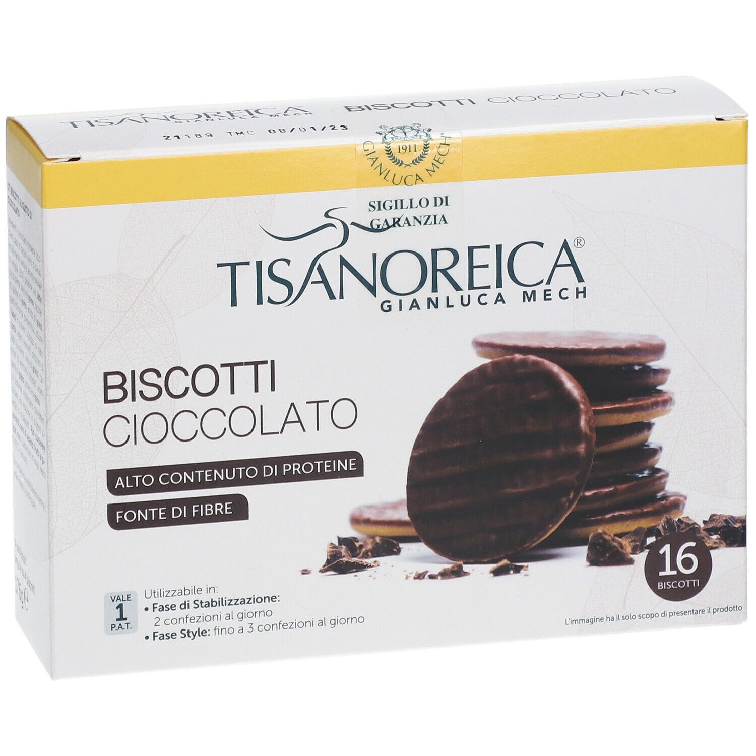 Scatola di BISCOTTI CIOCCOLATO TISANOREICA®. Nome prodotto, 16 biscotti, alto contenuto proteico, fonte di fibre. Biscotti parzialmente rotti.