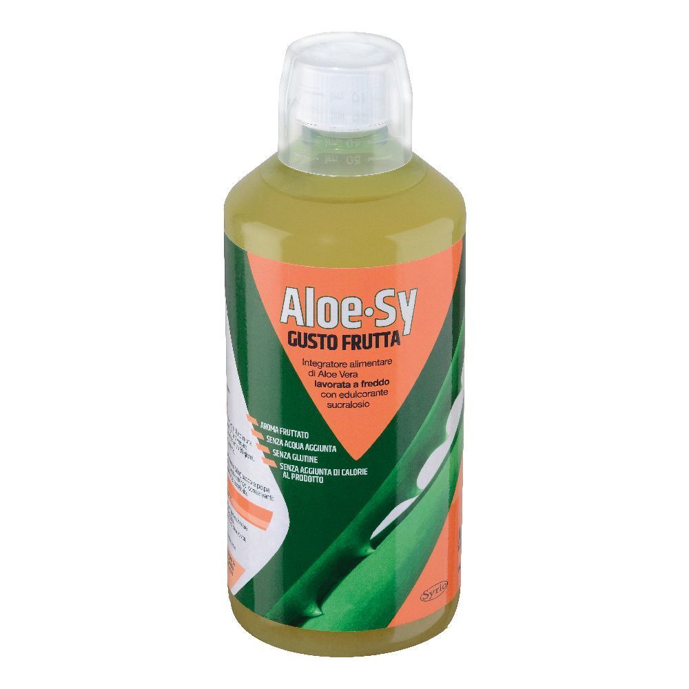 Bottiglia verde con etichetta Aloe-Sy. Scritta: Aloe-Sy, Gusto Frutta. Liquido trasparente visibile.