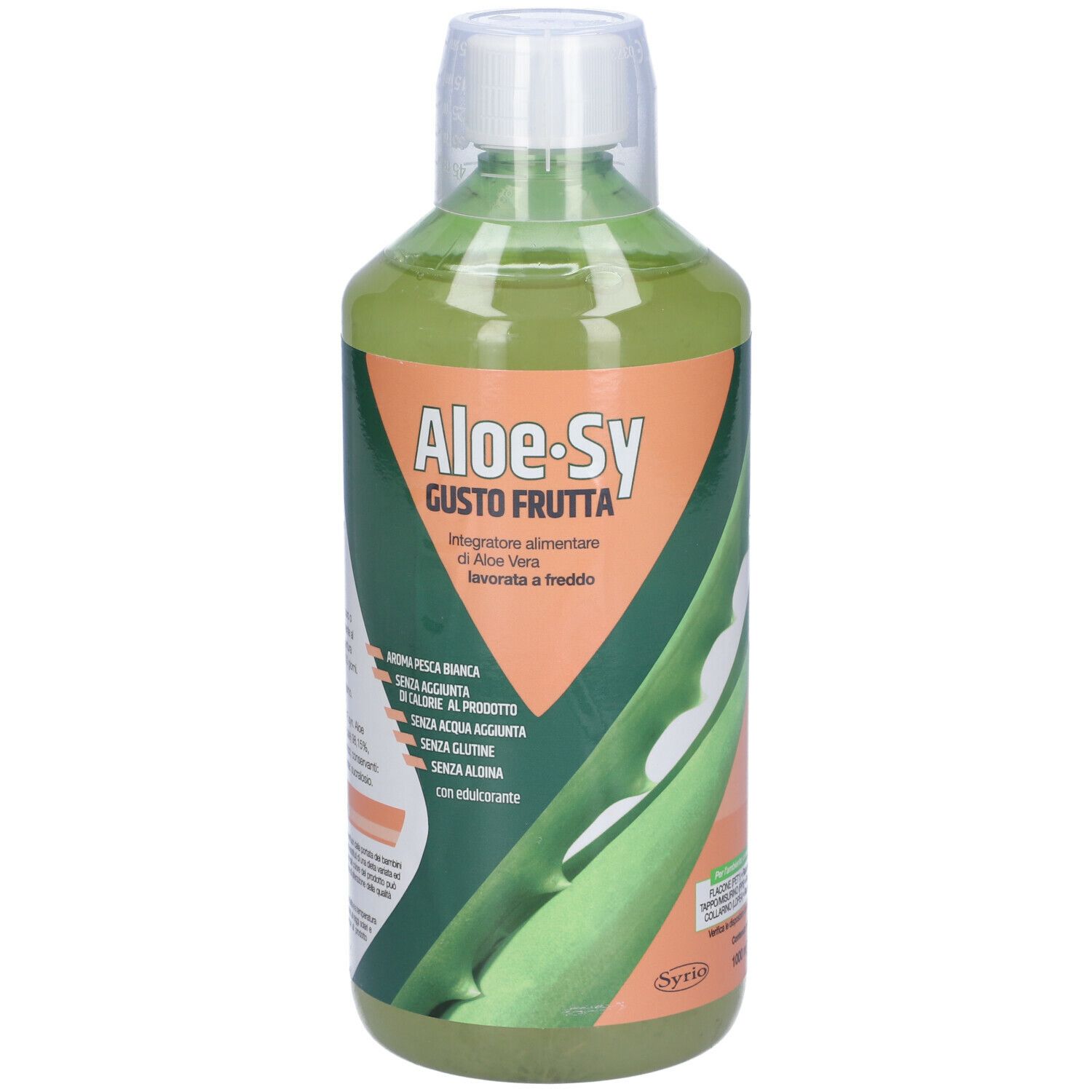 Bottiglia verde con etichetta Aloe-Sy. Scritta: Aloe-Sy, Gusto Frutta. Illustrazione foglia di aloe vera.