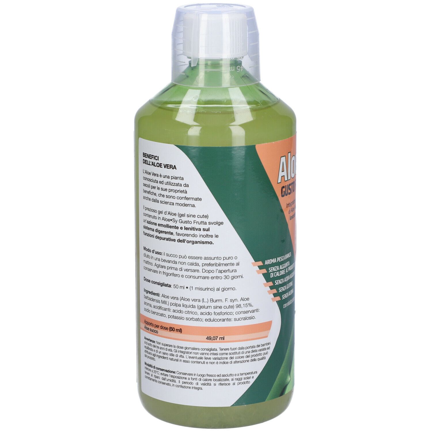 Retro della bottiglia verde. Informazioni testuali e illustrazione foglia di aloe vera. Etichetta con ingredienti.