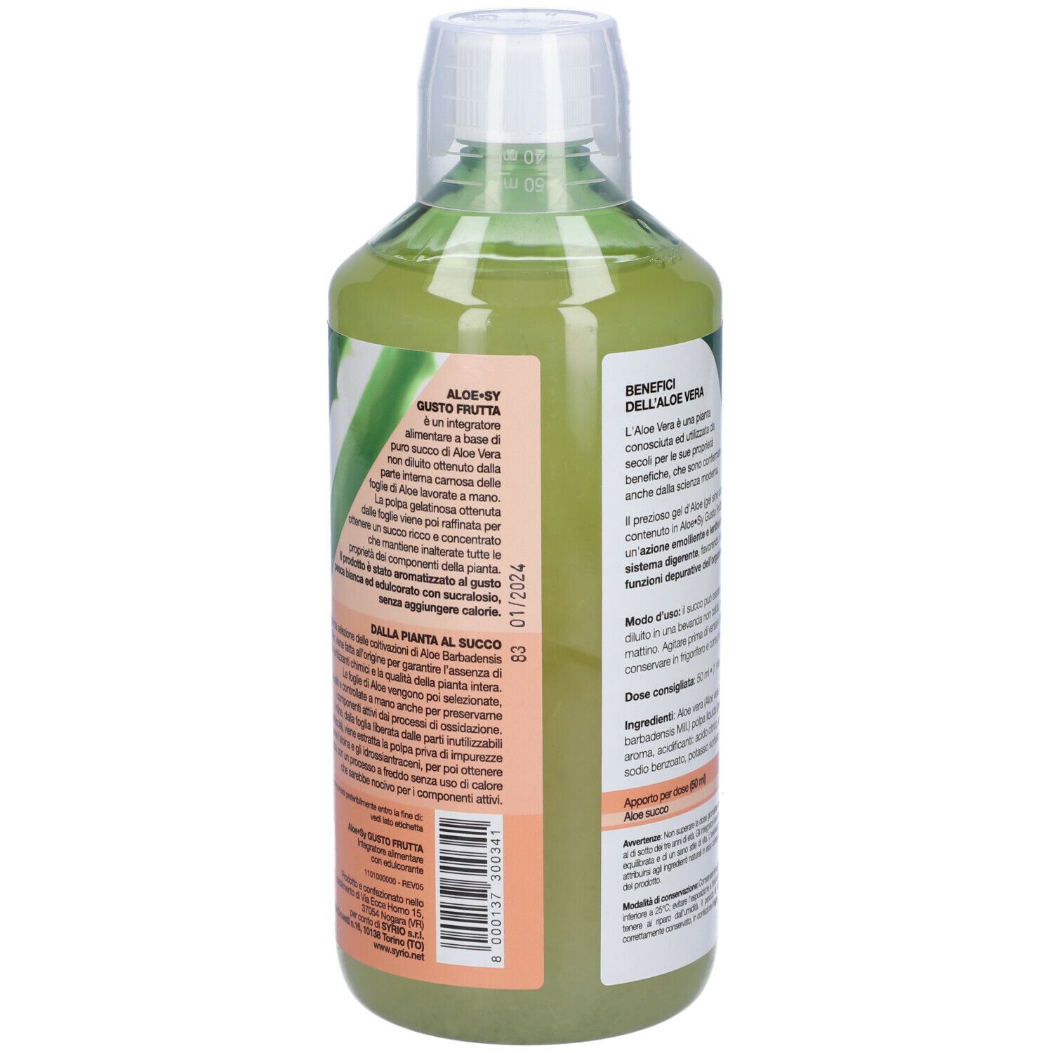 Retro della bottiglia verde. Informazioni testuali e illustrazione foglia di aloe vera. Etichetta con ingredienti.