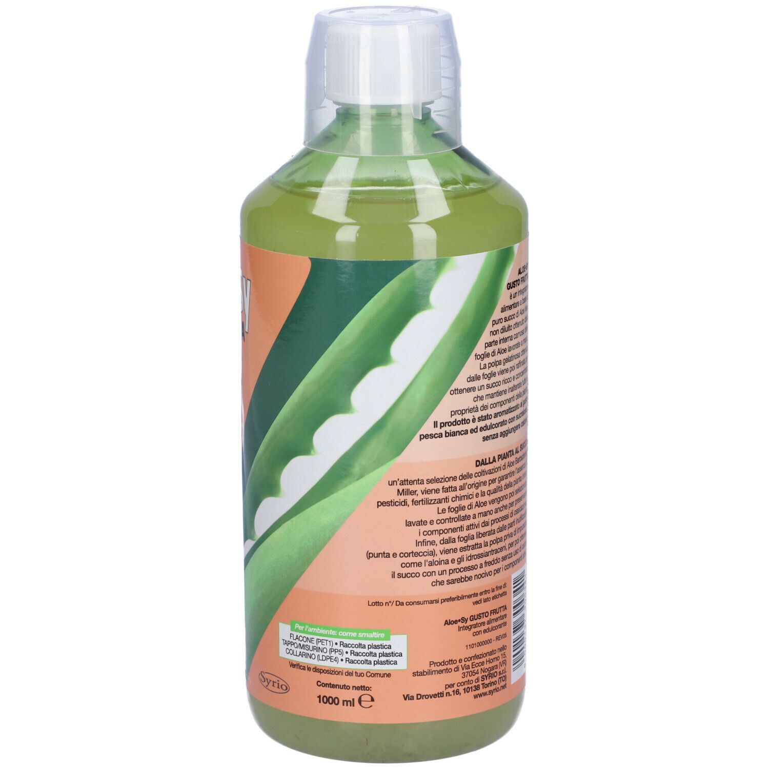 Retro della bottiglia verde. Informazioni testuali e illustrazione foglia di aloe vera. 1000 ml. Etichetta.