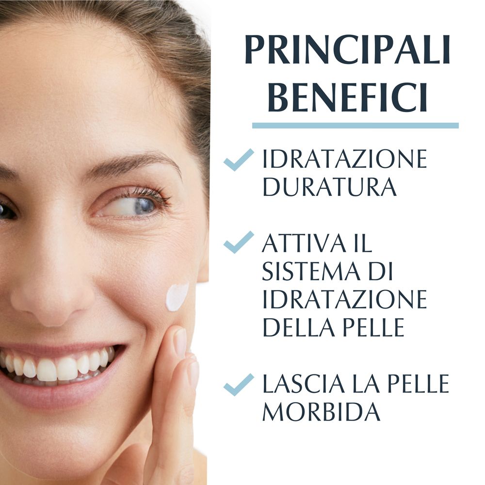 Donna applica crema. Testo: Principali Benefici. Idratatione Duratura, Attiva il sistema di idratazione della pelle, Lascia la pelle morbida.