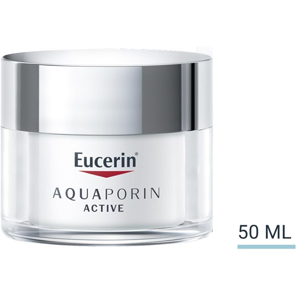 Vaso di crema con coperchio argentato. Testo: 50 ML. Eucerin AQUAPORIN ACTIVE.