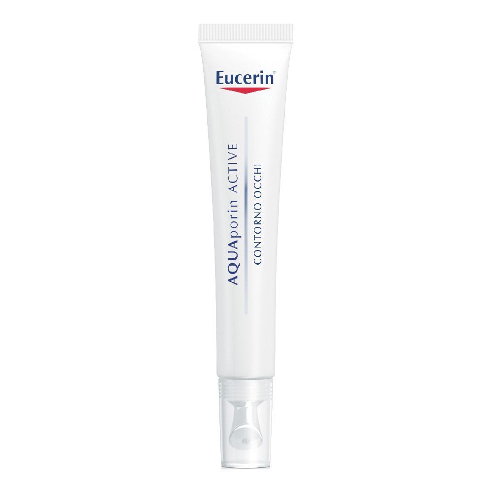 Eucerin AQUAporin ACTIVE Augenpflege Tube. Weiß, mit blauer Schrift. Enthält 15ml. Mit Applikator.