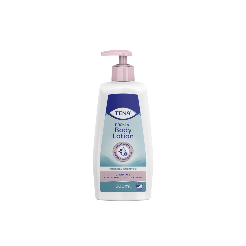 Flacone bianco con dosatore. Scritta: TENA ProSkin Body Lotion. Contiene vitamina E. Per pelli da normali a secche.