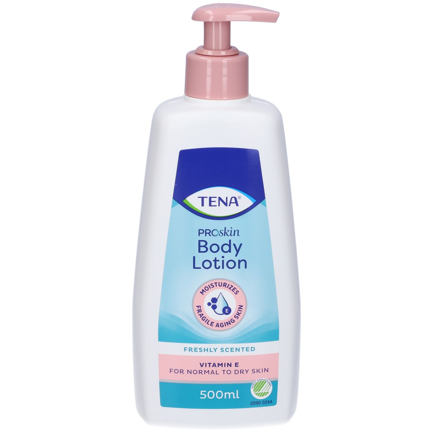 Flacone bianco con dosatore. Scritta: TENA ProSkin Body Lotion. Contiene vitamina E. Per pelli da normali a secche.