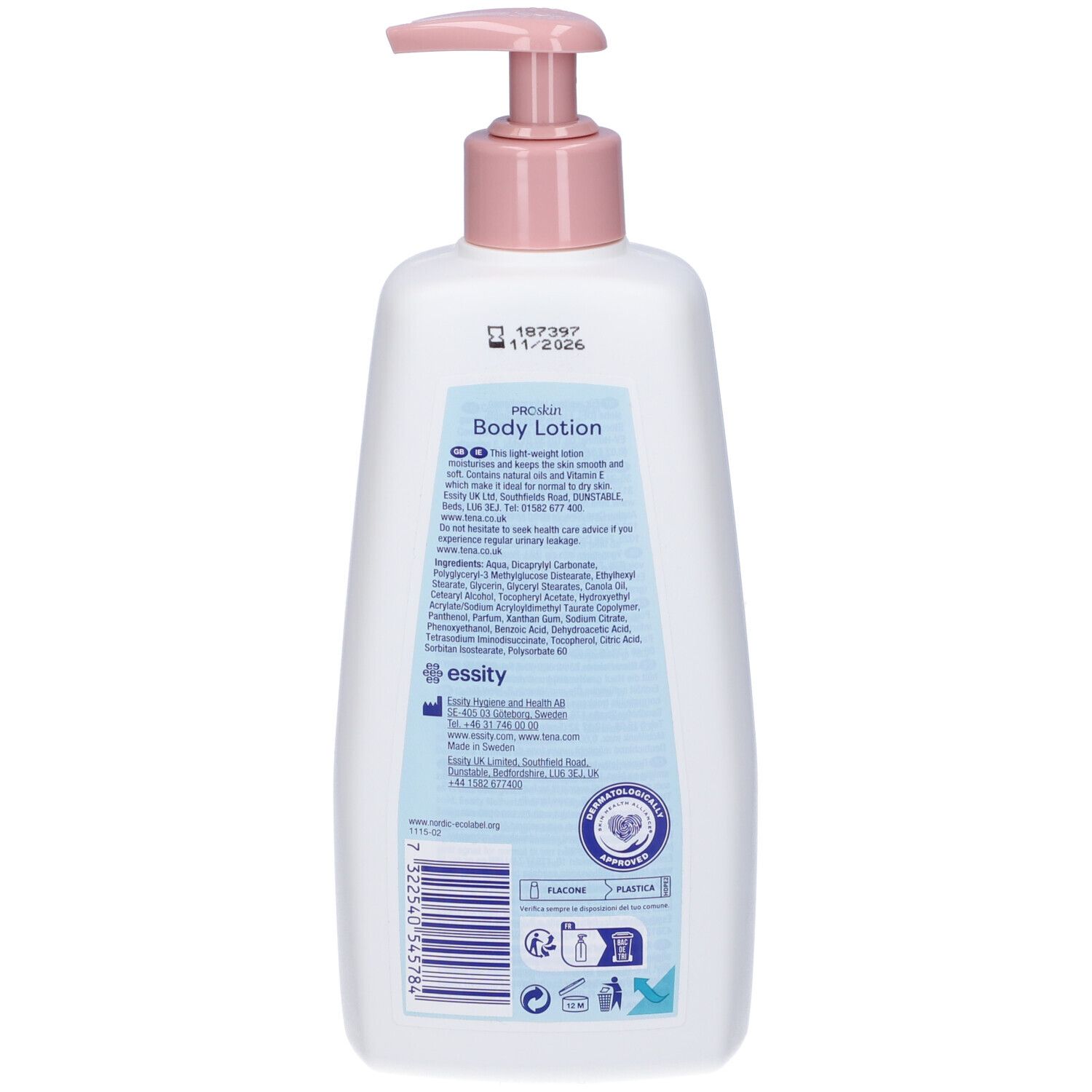 Retro di un flacone bianco con dosatore. Testo: TENA ProSkin Body Lotion. Ingredienti e informazioni del produttore.