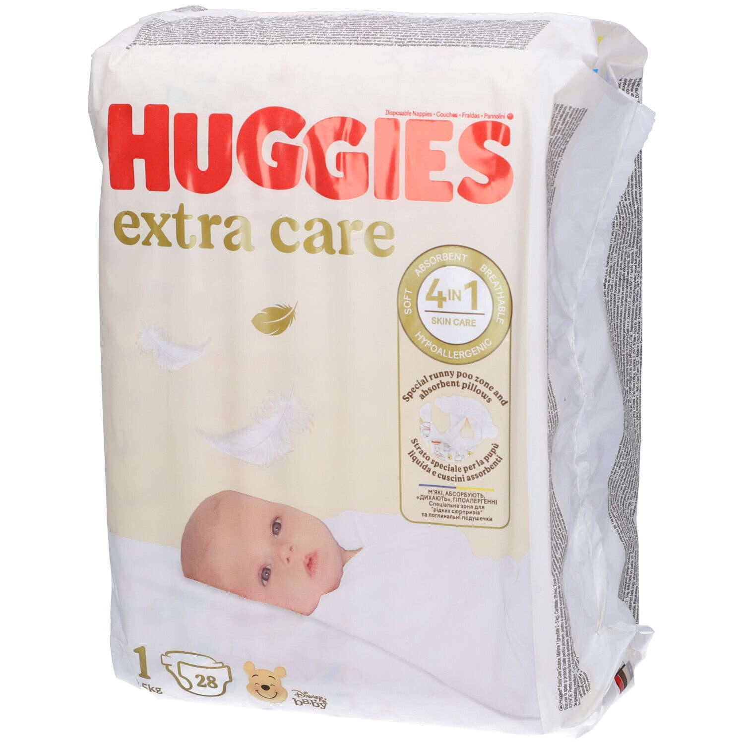 Confezione di pannolini Huggies Extra Care 2-5 kg, 28 pezzi. Immagine di bambino e informazioni sul prodotto.