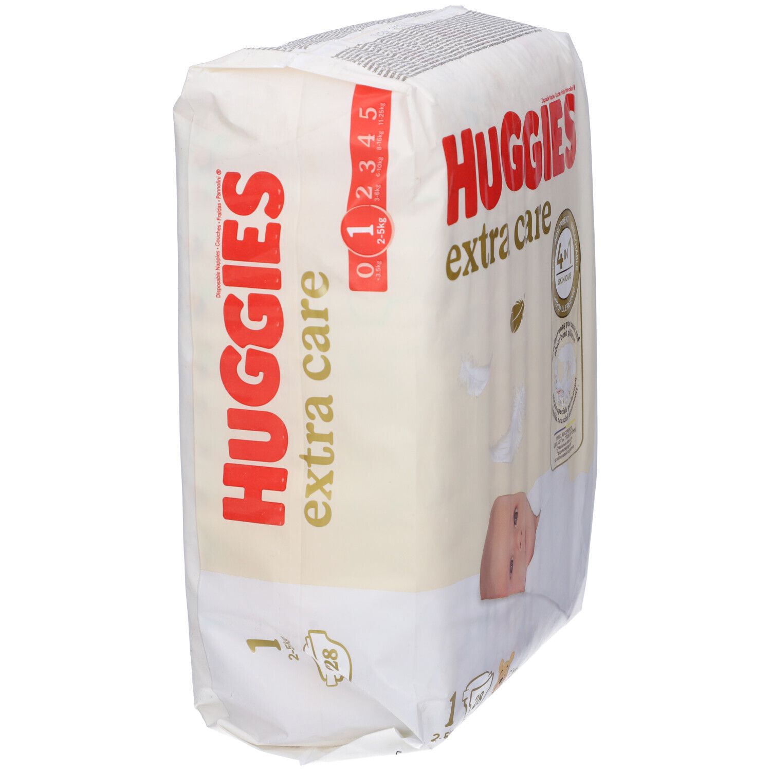 Confezione di pannolini Huggies Extra Care. Vista laterale con indicazione taglia e nome prodotto. 28 pezzi, 2-5 kg.