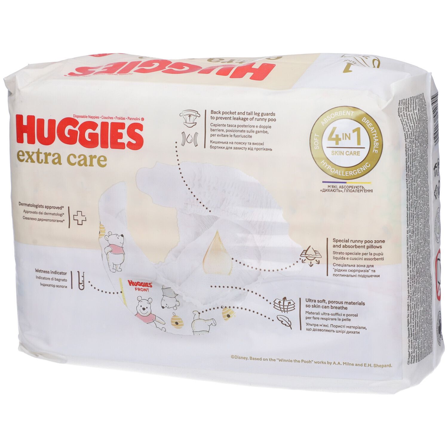 Confezione di pannolini Huggies Extra Care. Caratteristiche del prodotto e illustrazioni sull'imballaggio. Dermatologicamente testato.