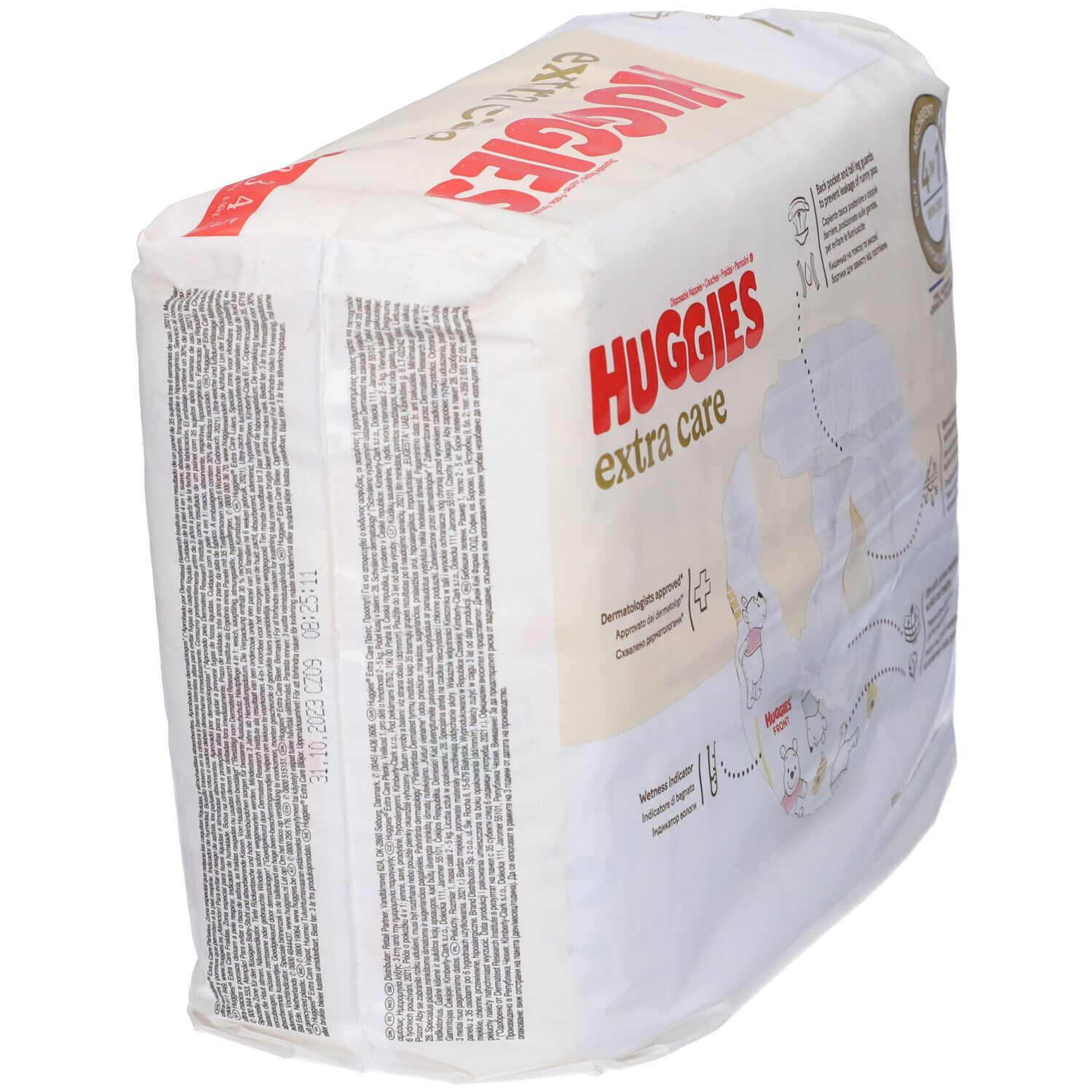 Confezione di pannolini Huggies Extra Care. Vista laterale con informazioni e testo sul prodotto. Dermatologicamente testato.