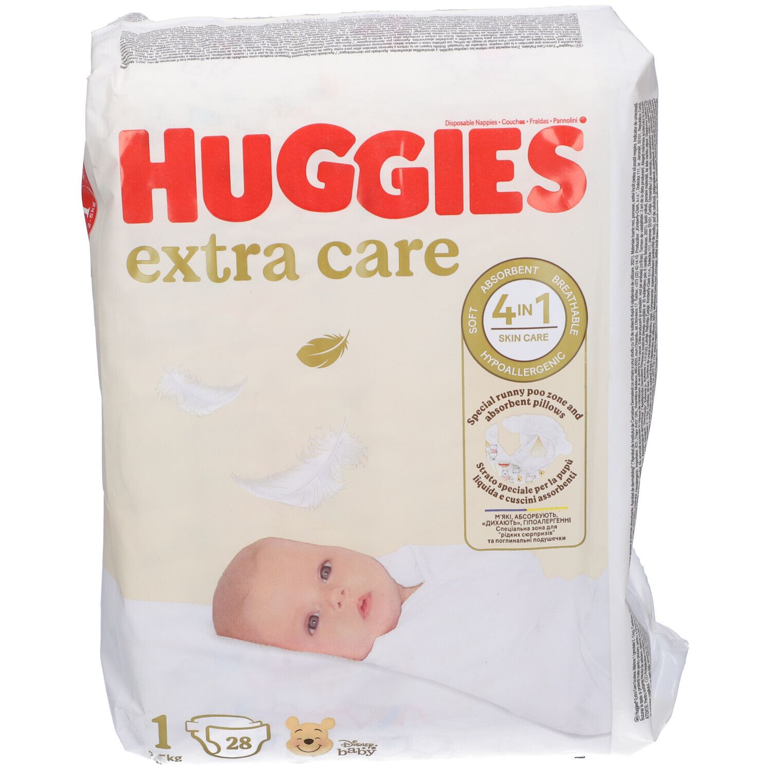 Confezione di pannolini Huggies Extra Care 2-5 kg, 28 pezzi. Immagine di bambino e informazioni sul prodotto.