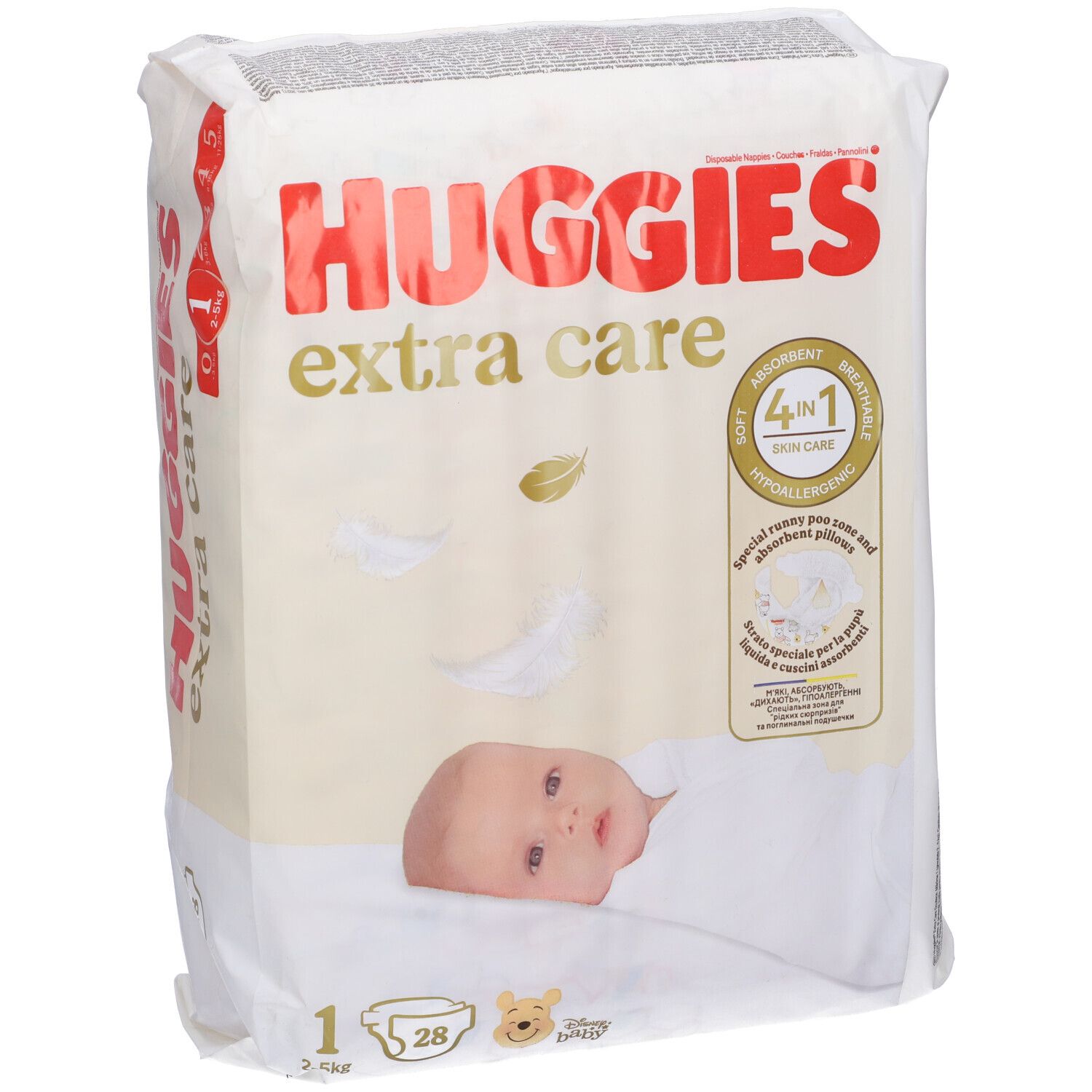 Confezione di pannolini Huggies Extra Care 2-5 kg, 28 pezzi. Immagine di bambino e informazioni sul prodotto.