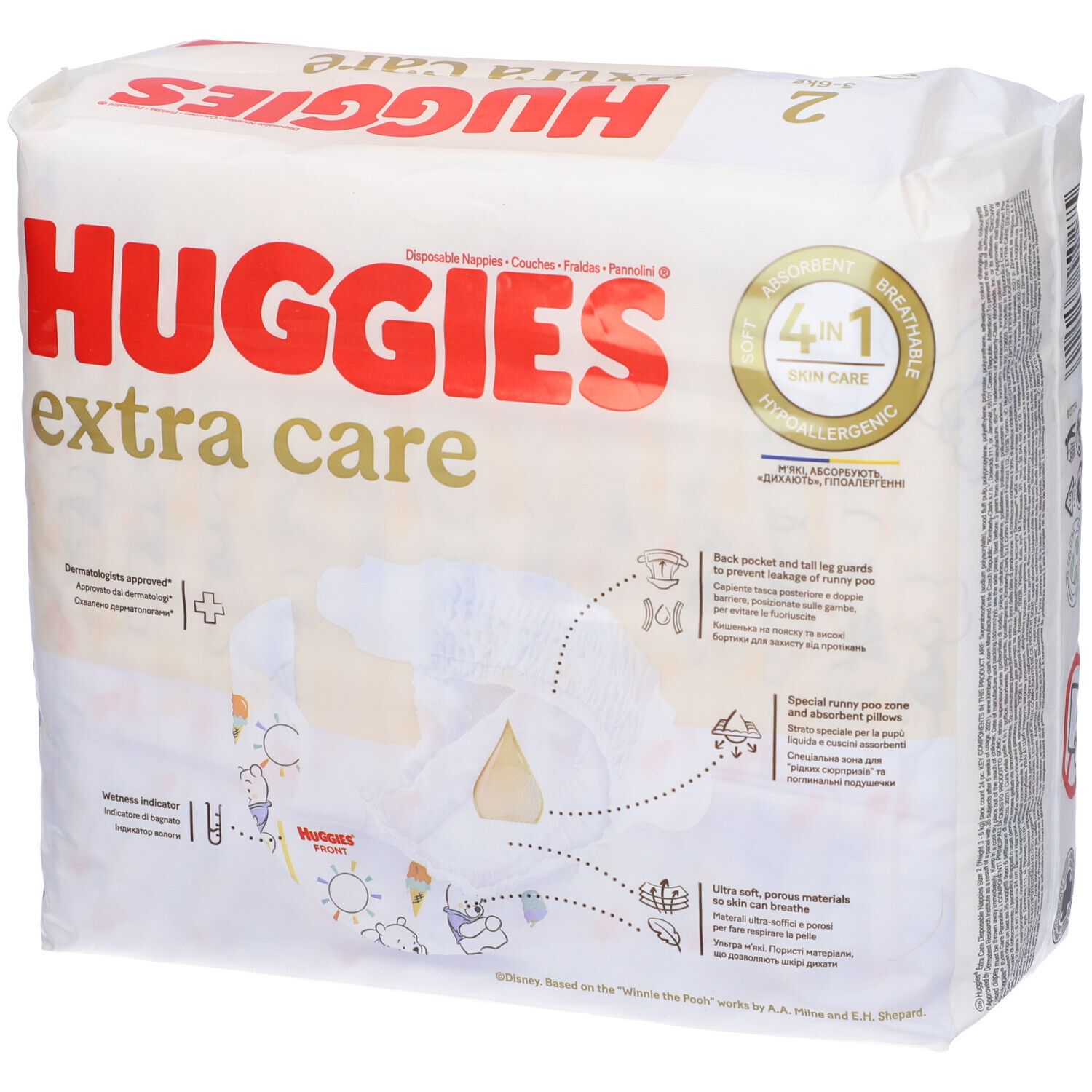 Confezione di pannolini Huggies Extra Care Taglia 2. Scritta 4-in-1, ipoallergenico. Dettagli del pannolino.