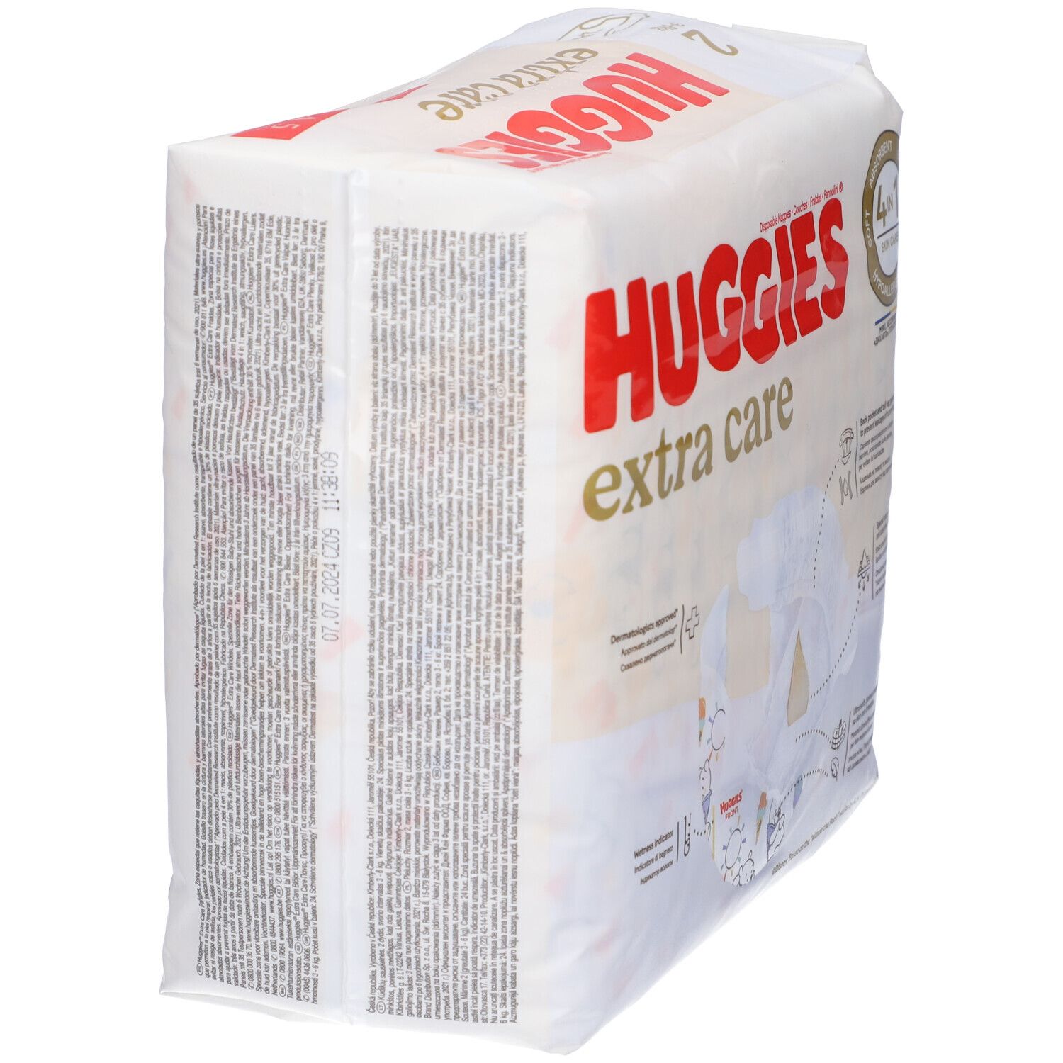 Confezione di pannolini Huggies Extra Care Taglia 2. Vista laterale della confezione con testo.