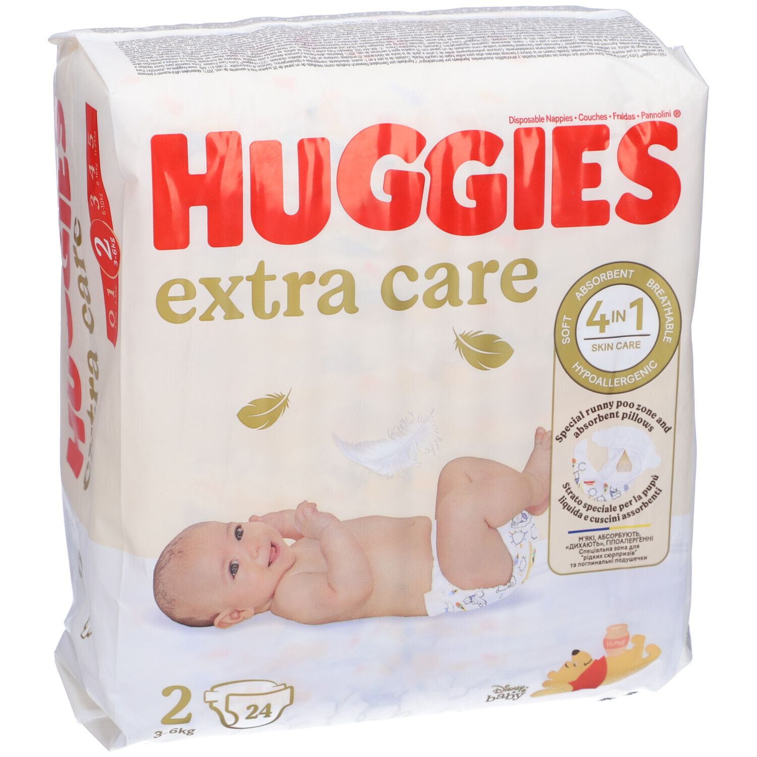 Confezione di pannolini Huggies Extra Care Taglia 2. Scritta 4-in-1, ipoallergenico. Bambino sul pannolino.