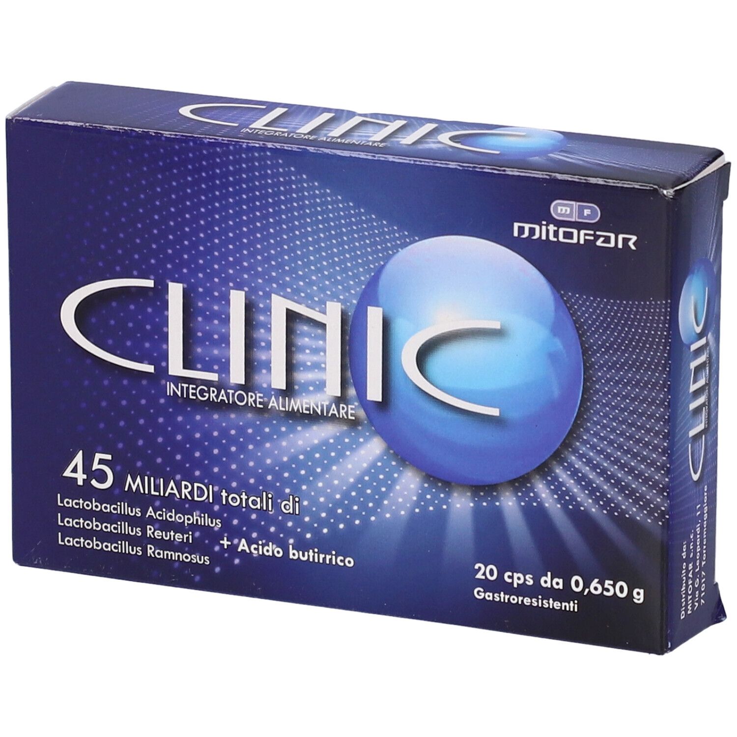 Scatola blu e bianca con scritta "CLINIC". Contiene 20 capsule. Scritta: "45 MILIARDI totali di".