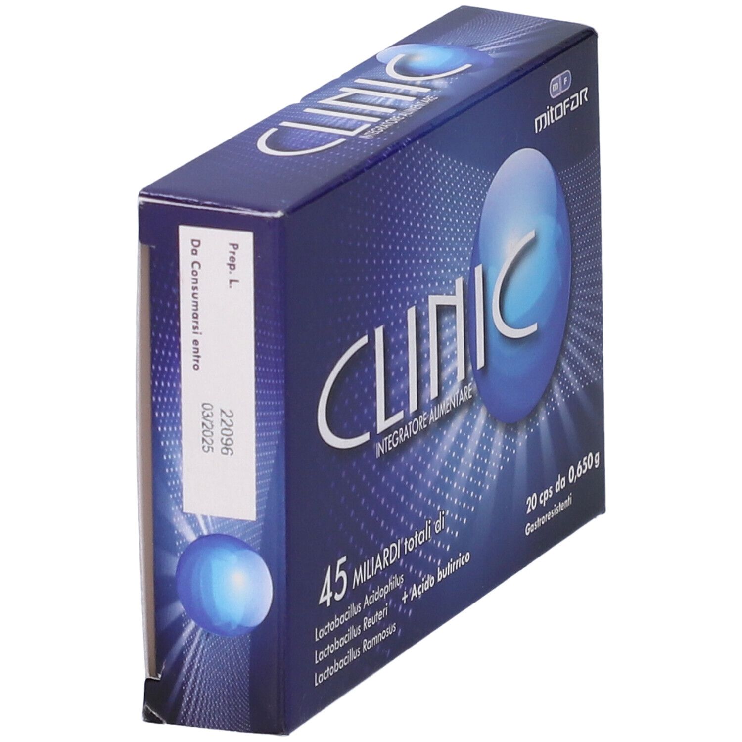 Scatola blu con scritta "CLINIC". Contiene 20 capsule. Sul lato: "22096 03/2025".
