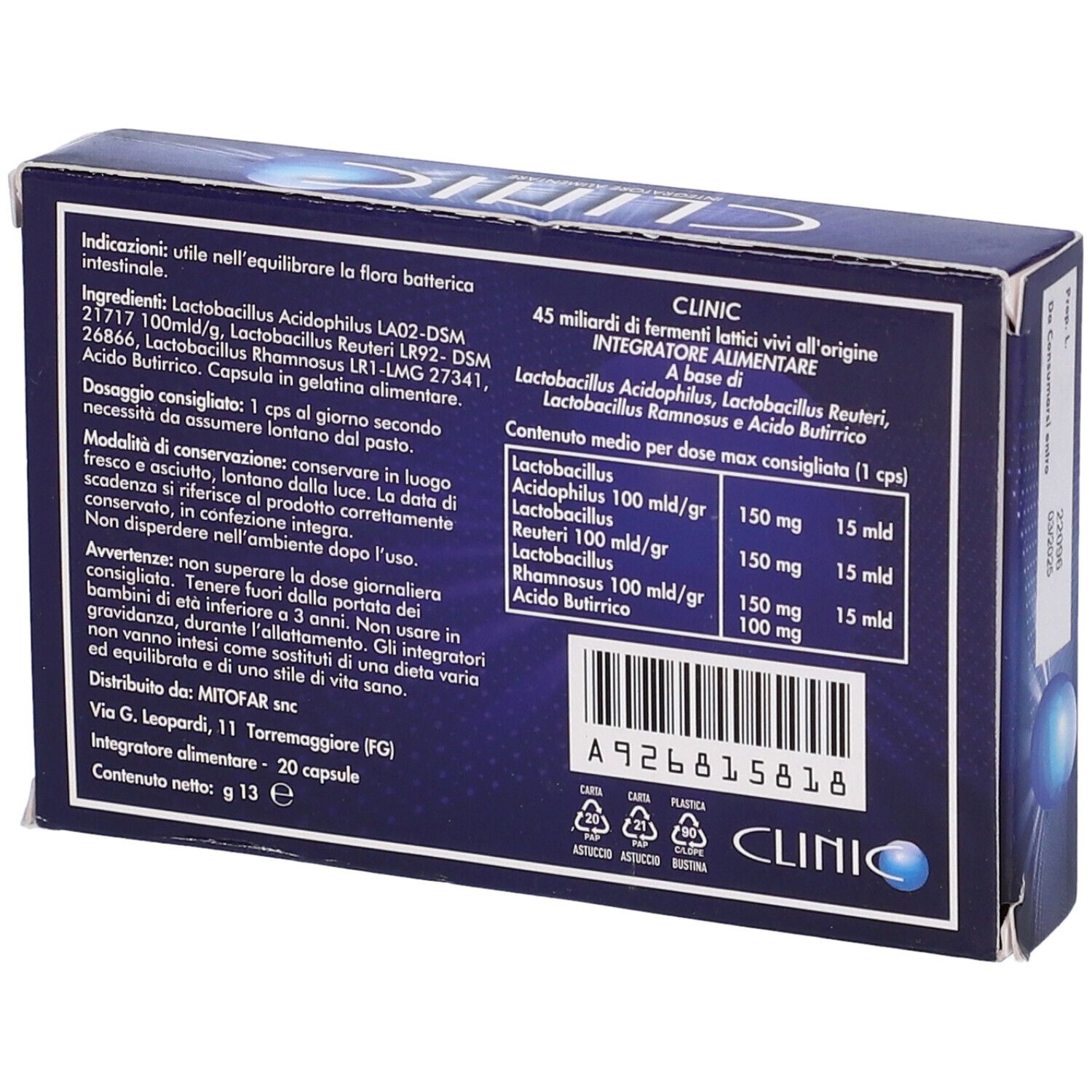 Retro di una scatola blu con testo. Contiene informazioni sugli ingredienti e il dosaggio. Logo "CLINIC".