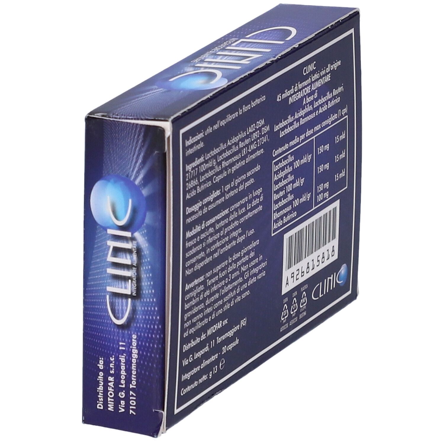 Scatola blu con testo e logo "CLINIC". Contiene informazioni sugli ingredienti e il dosaggio.