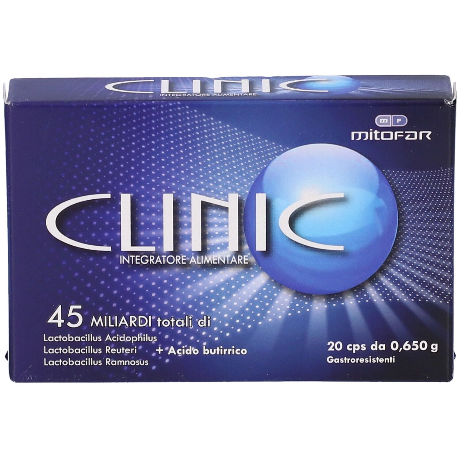 Scatola blu con scritta "CLINIC". Contiene 20 capsule. Scritta: "45 MILIARDI totali di".