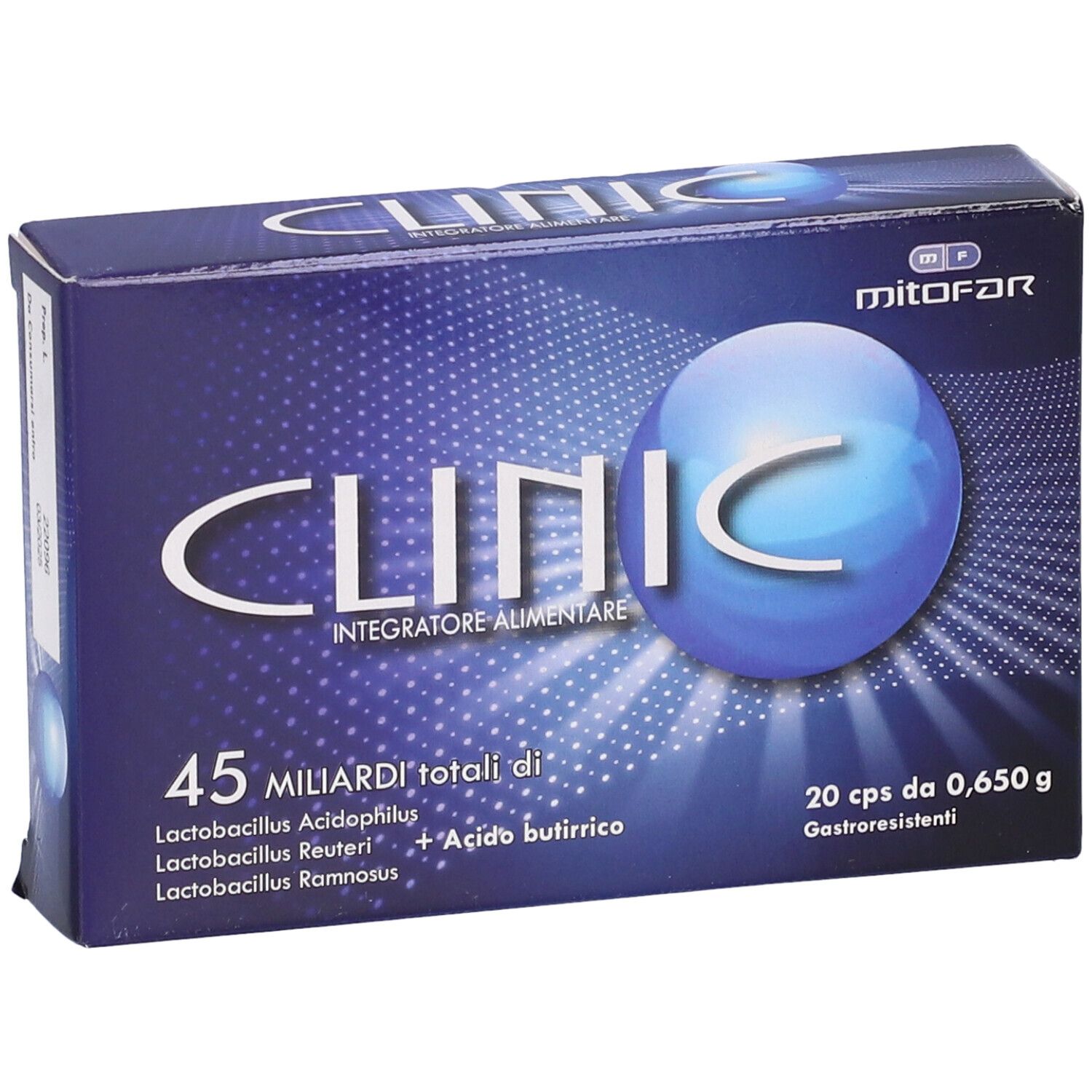 Scatola blu con scritta "CLINIC". Contiene 20 capsule. Scritta: "45 MILIARDI totali di".