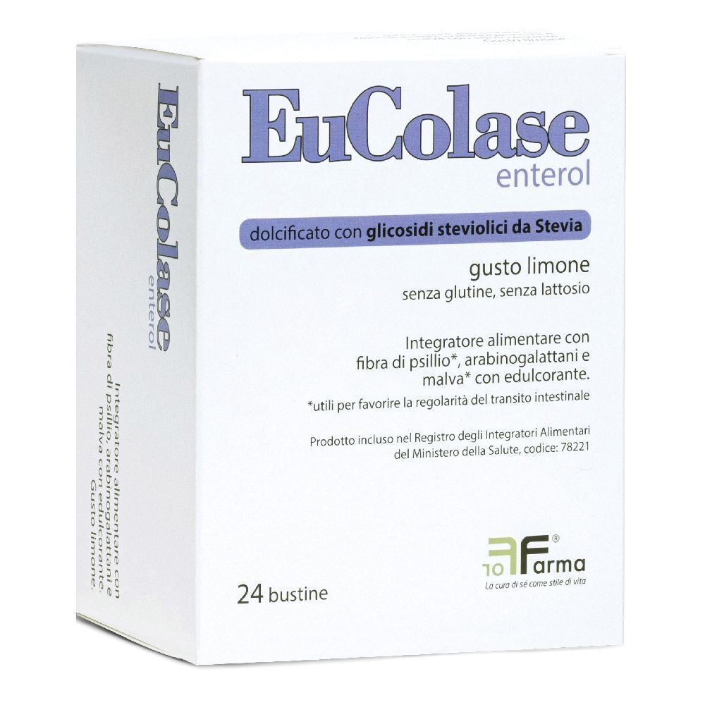 Boîte de EuColase enterol®. Contient 24 sachets. Inscription : 'dolcificato con glicosidi steviolici da Stevia'.