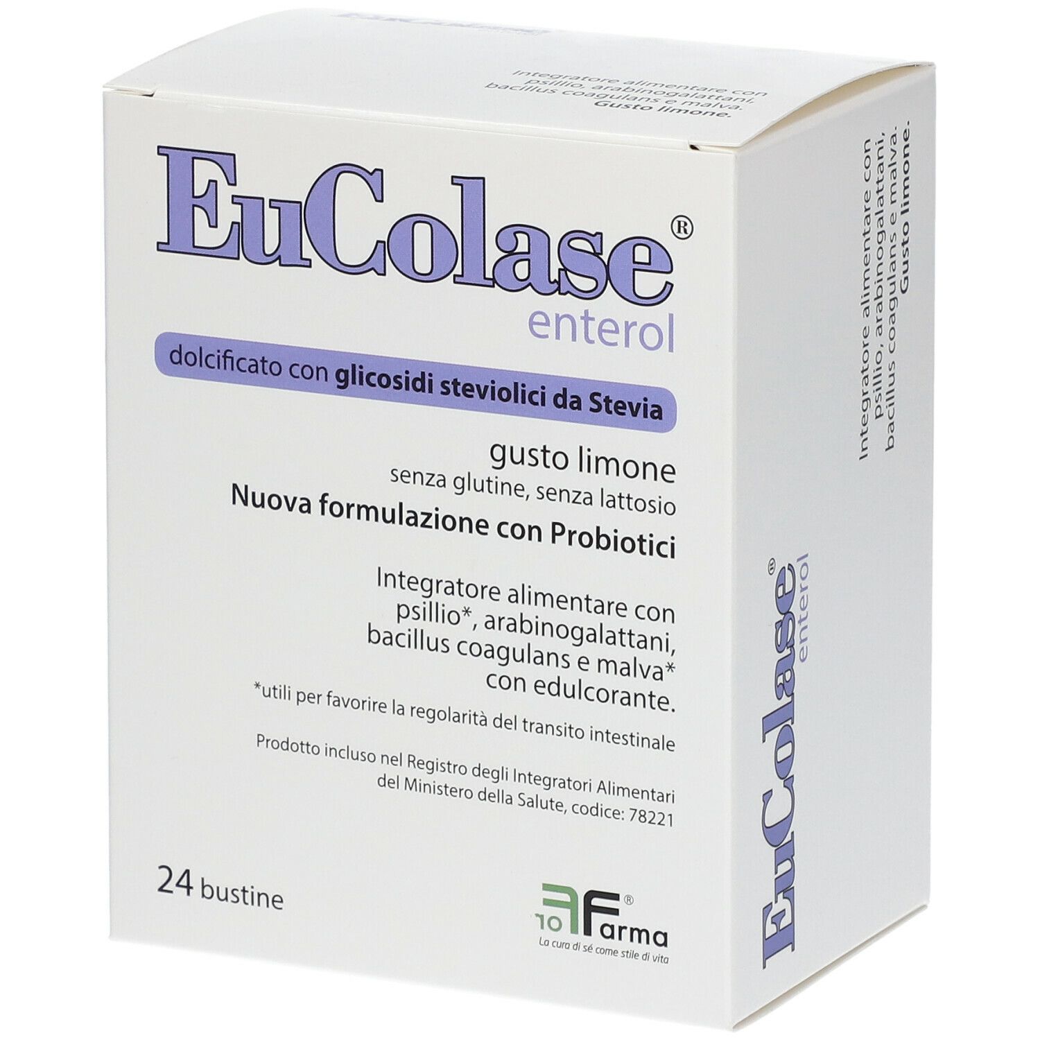 Boîte de EuColase enterol®. Contient 24 sachets. Inscription : 'dolcificato con glicosidi steviolici da Stevia'.