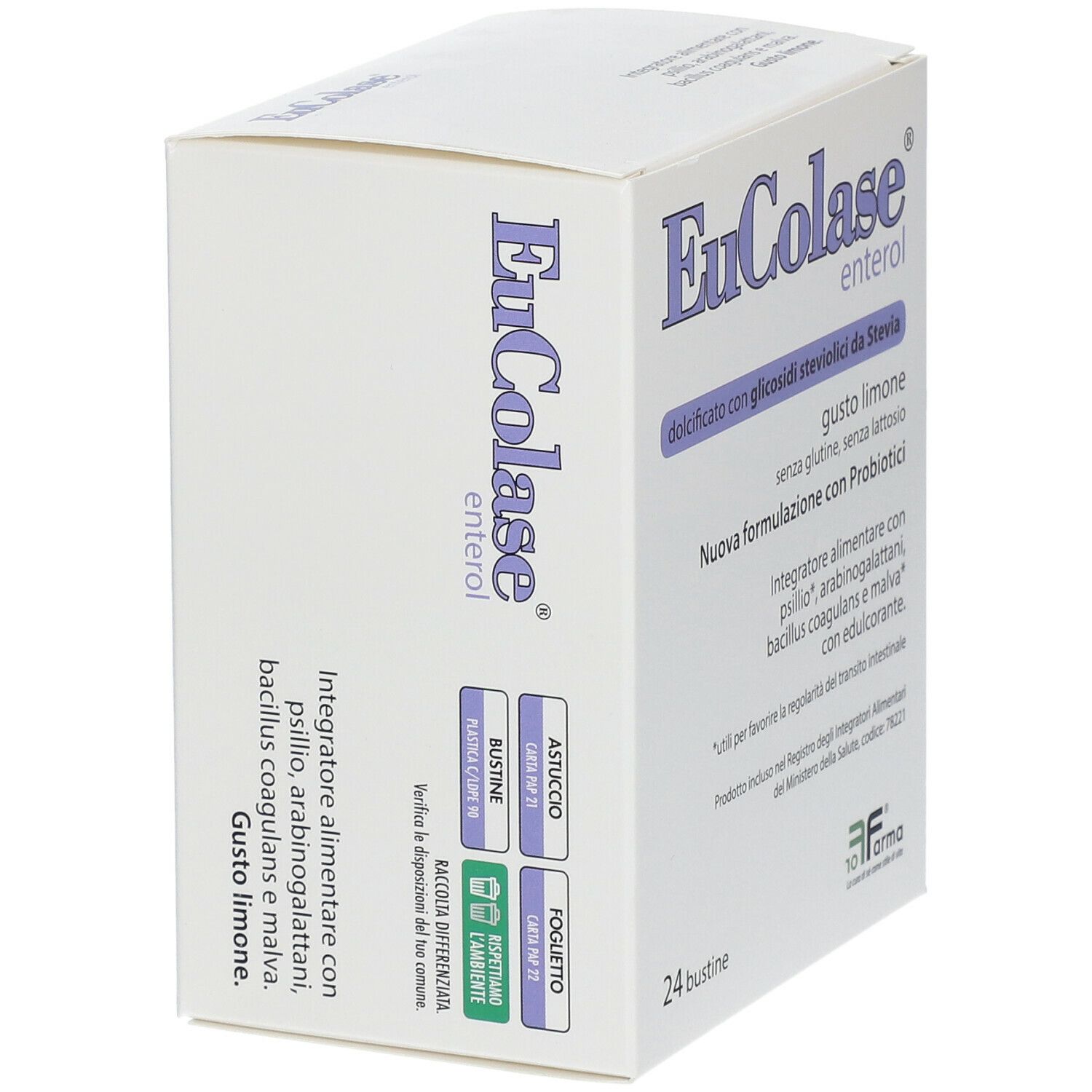 Boîte de EuColase enterol®. Contient 24 sachets. Inscription : 'dolcificato con glicosidi steviolici da Stevia'.